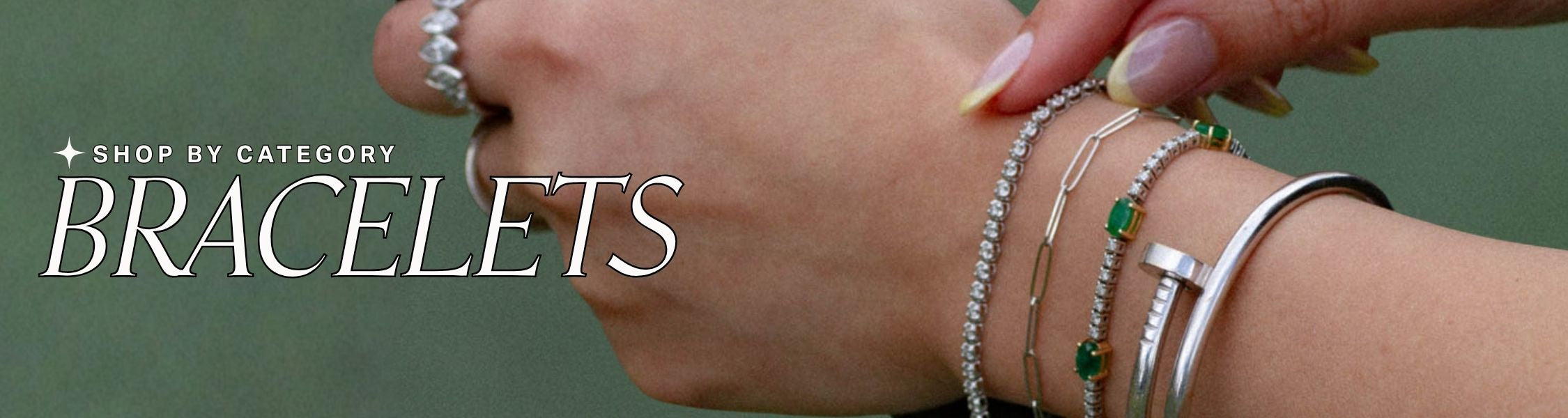 Hand wearing multiple bracelets with a green background and text overlay for 'Shop by Category: Bracelets'.