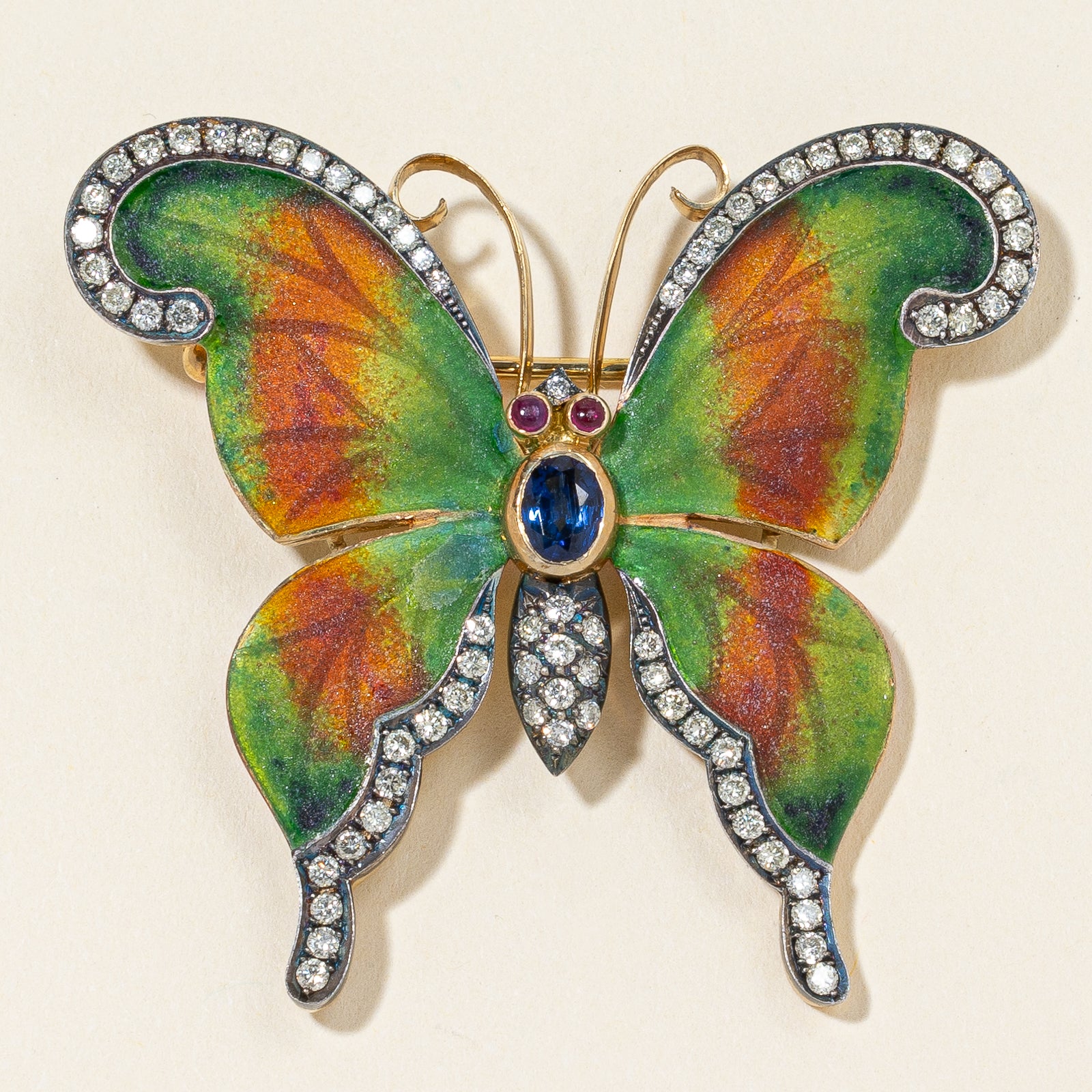 18K Yellow Gold Butter-fly Sapphire Ruby and Diamond Brooch | 0.75ctw, 0.10ctw, 1.00ctw