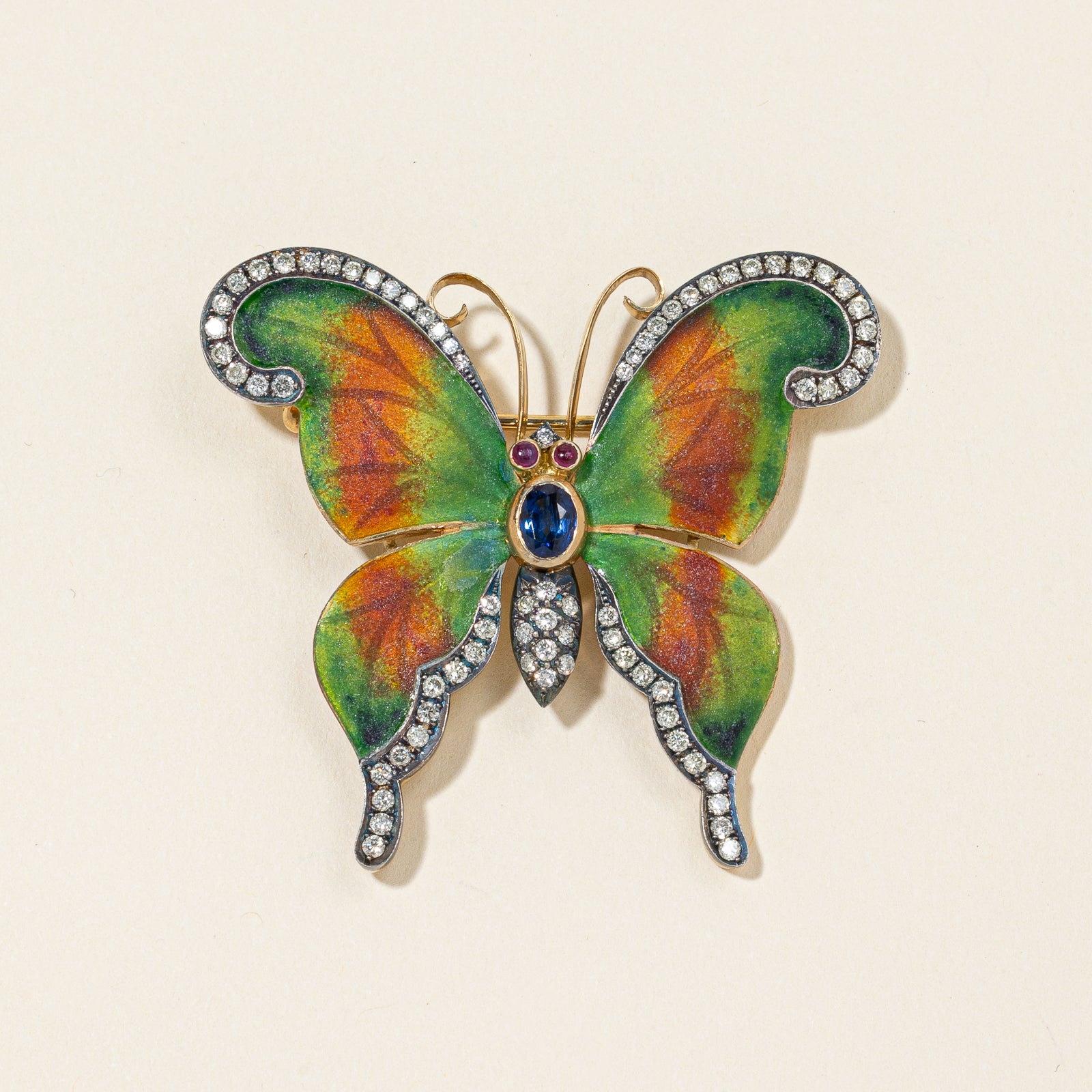 18K Yellow Gold Butter-fly Sapphire Ruby and Diamond Brooch | 0.75ctw, 0.10ctw, 1.00ctw