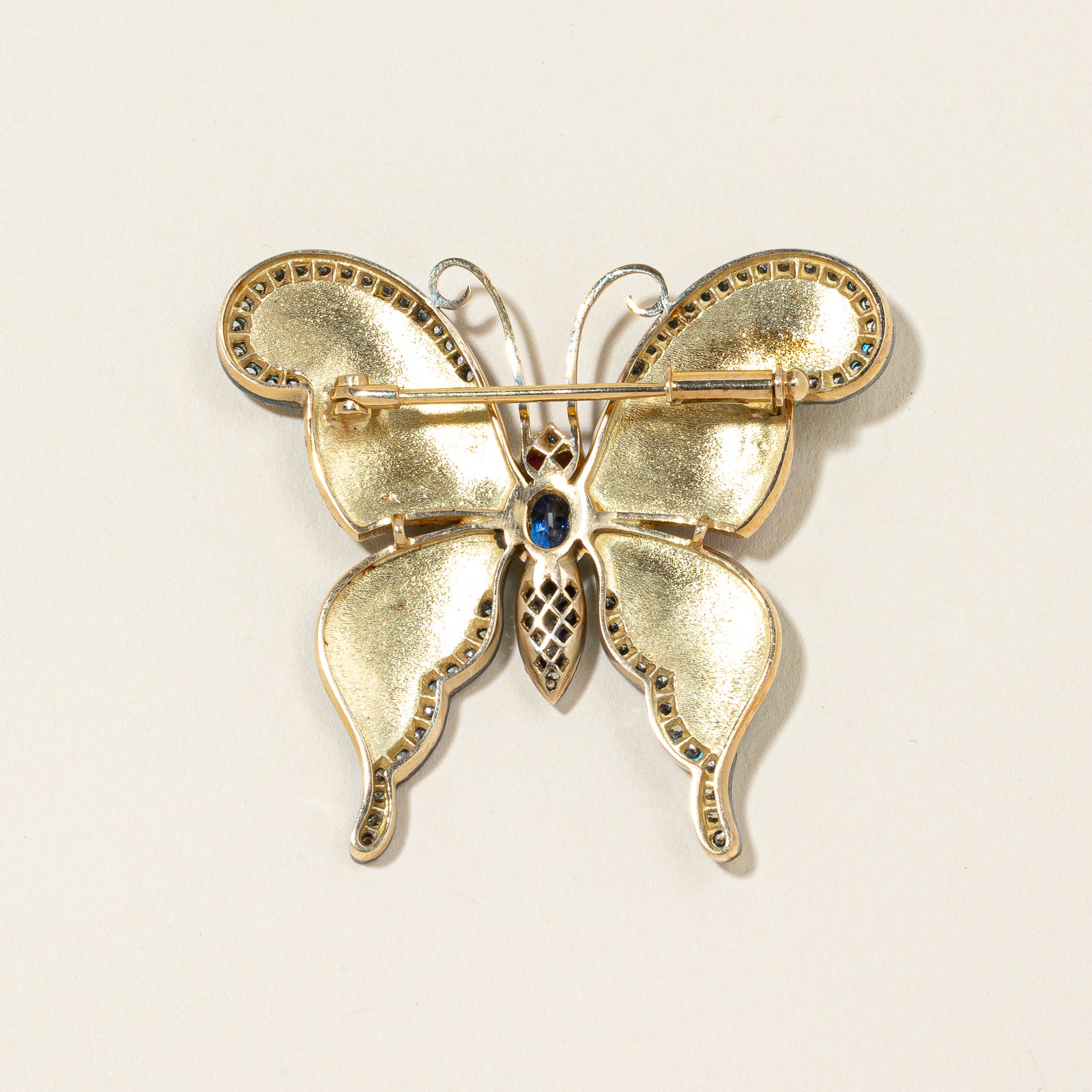 18K Yellow Gold Butter-fly Sapphire Ruby and Diamond Brooch | 0.75ctw, 0.10ctw, 1.00ctw