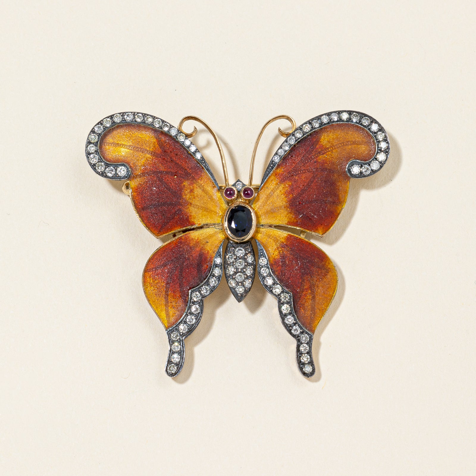 18K Yellow Gold Butterfly Sapphire Ruby and Diamond Brooch | 0.75ctw, 0.10ctw, 1.00ctw