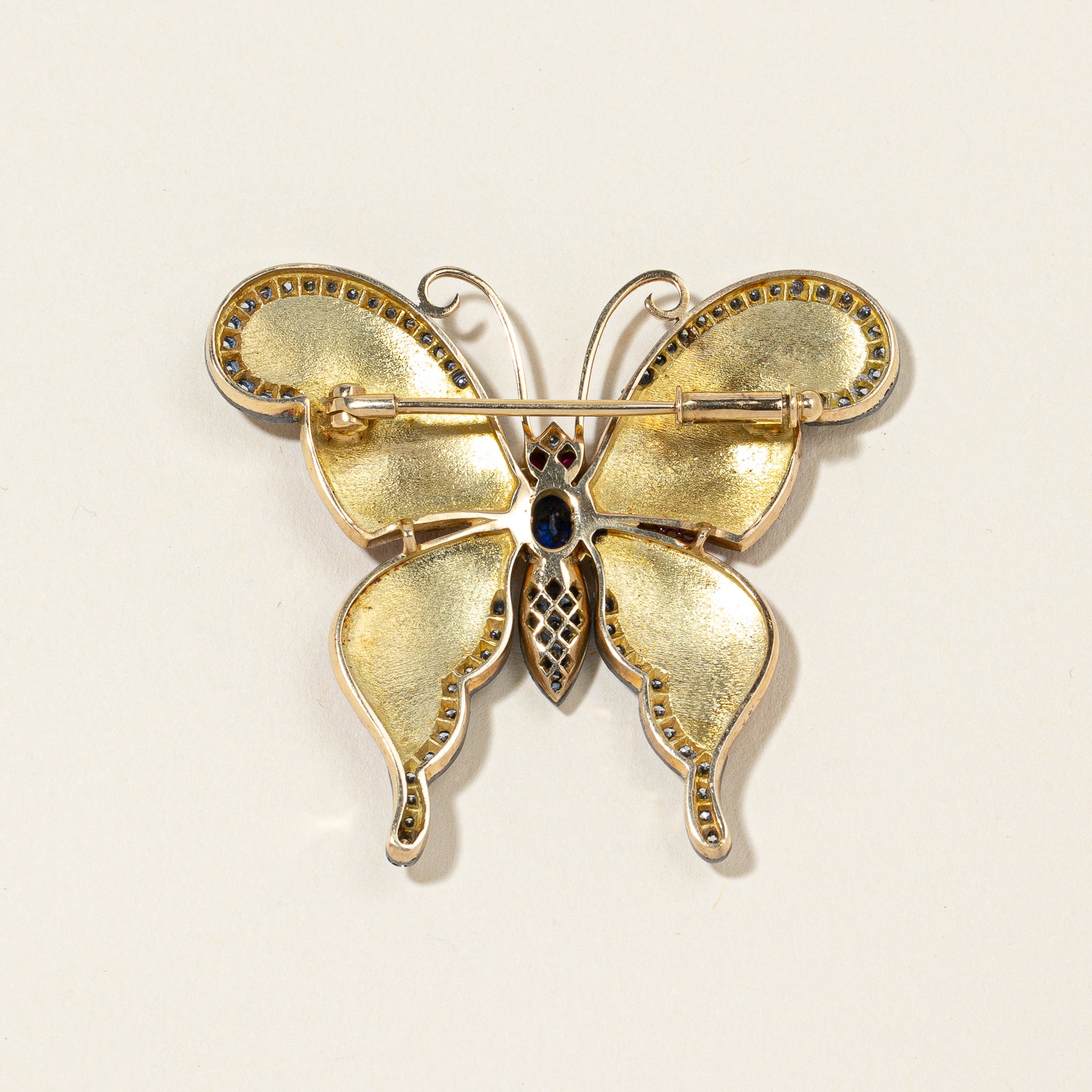 18K Yellow Gold Butterfly Sapphire Ruby and Diamond Brooch | 0.75ctw, 0.10ctw, 1.00ctw