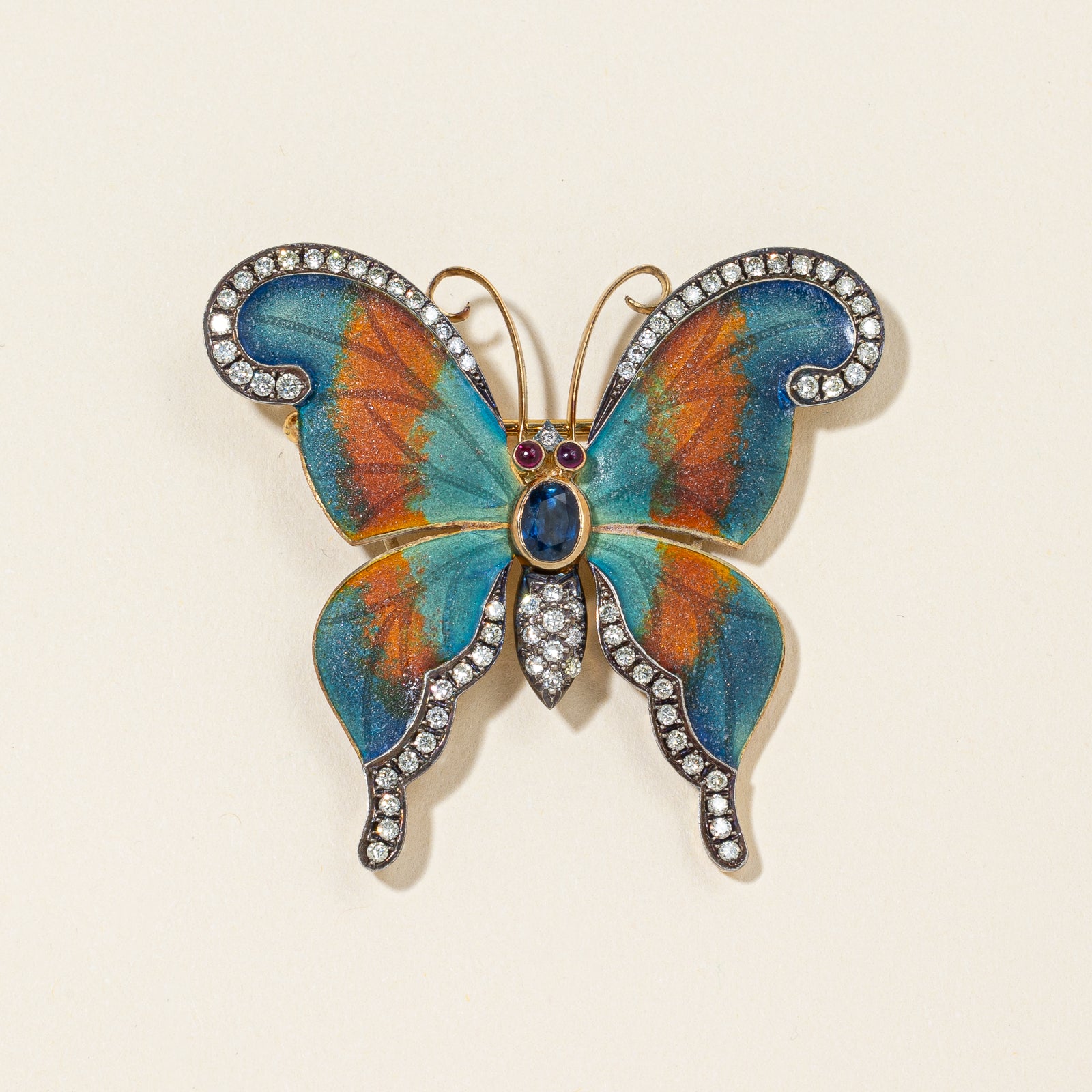 18K Yellow Gold Butterfly Sapphire Ruby and Diamond Brooch | 0.53ctw, 1.7-1.8mm, 0.90ctw