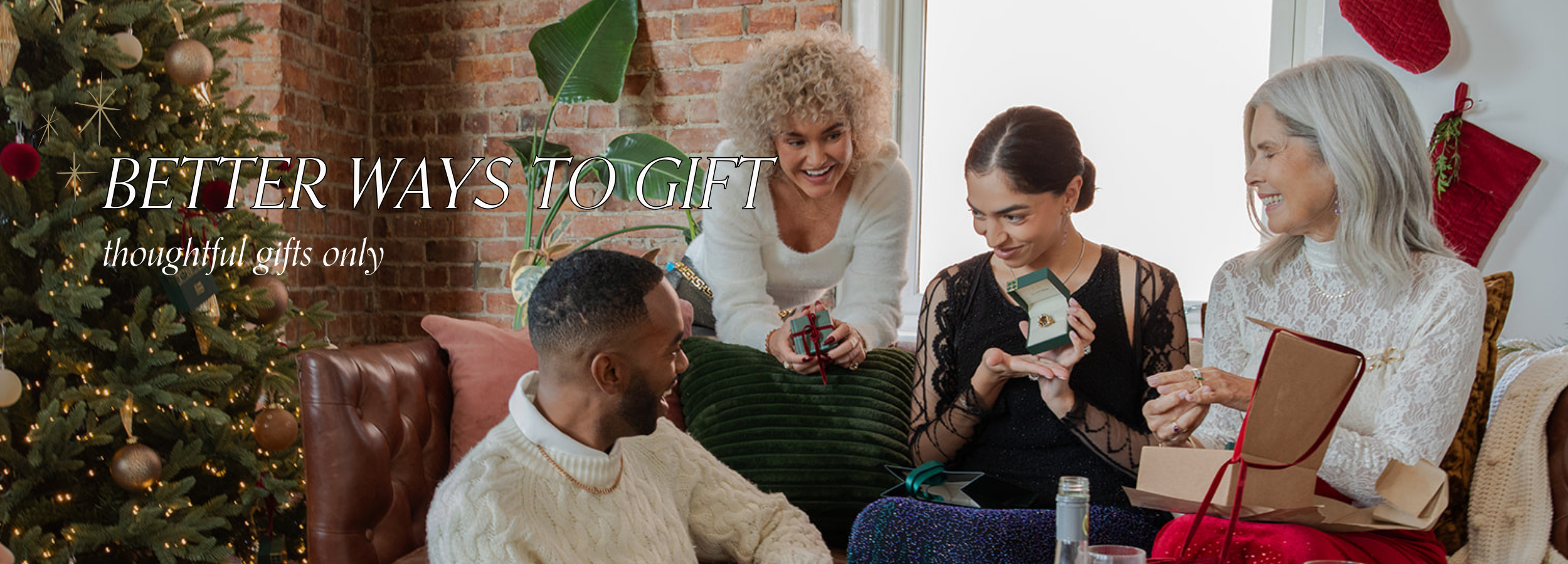 Group of friends exchanging holiday gifts and unboxing vintage, preloved jewellery pieces beside a decorated Christmas tree. Texts reads: Better Ways to gift. Thoughtful gifts only