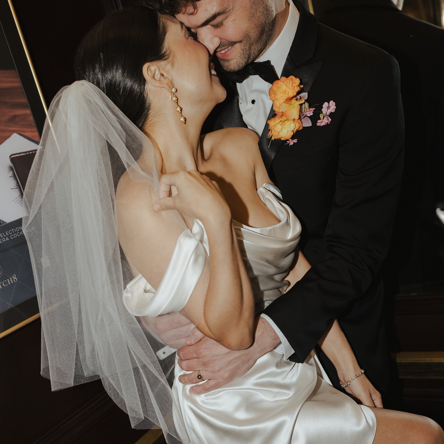 Flash photography of a couple wearing vintage jewelry for their wedding day