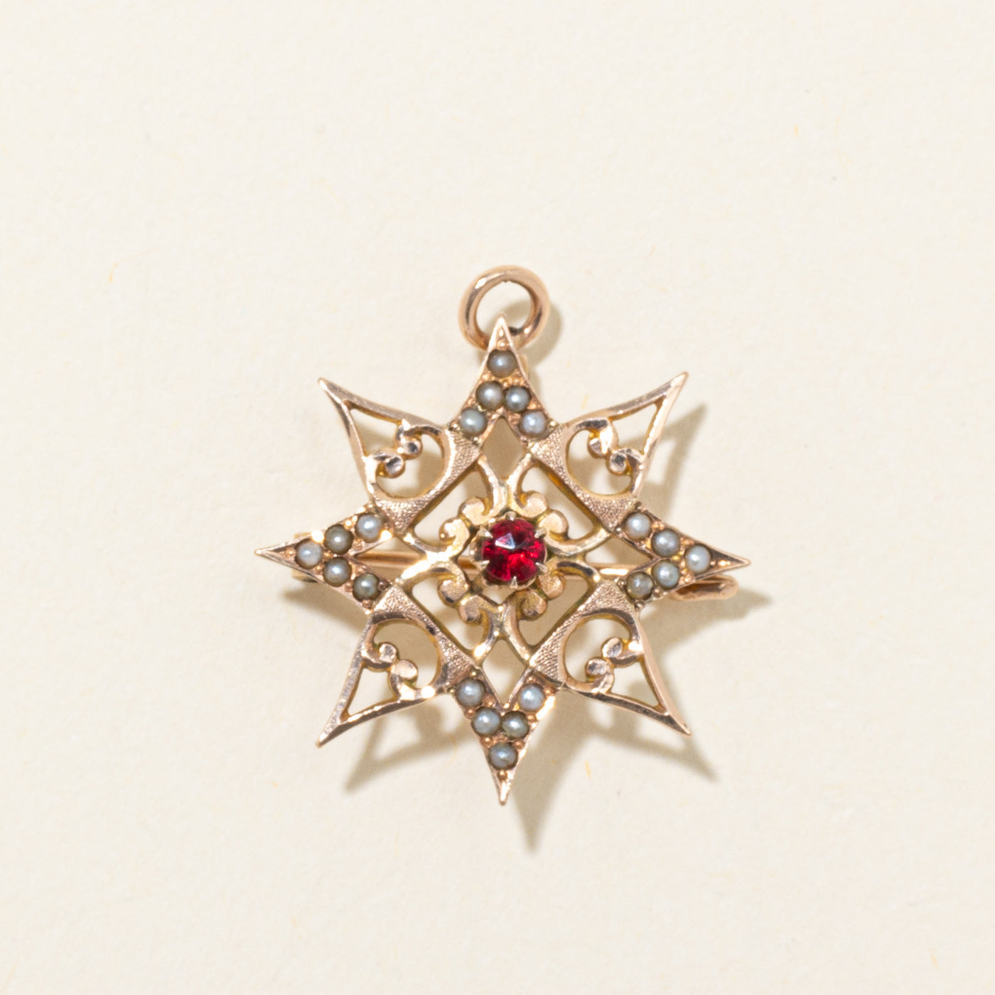 Red Glass & Seed Pearl Sunburst Convertible Pendant Brooch | 0.15ct