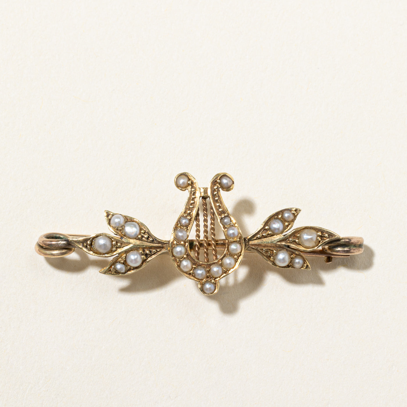 Edwardian Lyre Seed Pearls Brooch