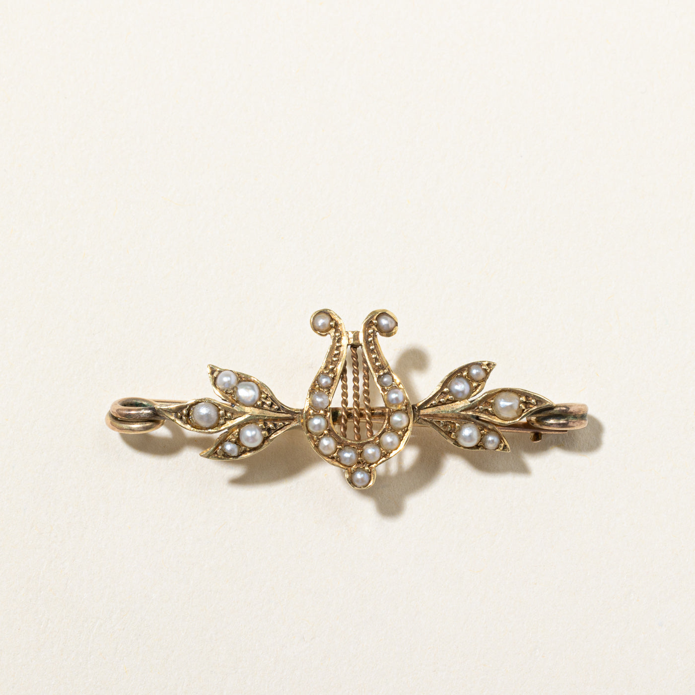 Edwardian Lyre Seed Pearls Brooch