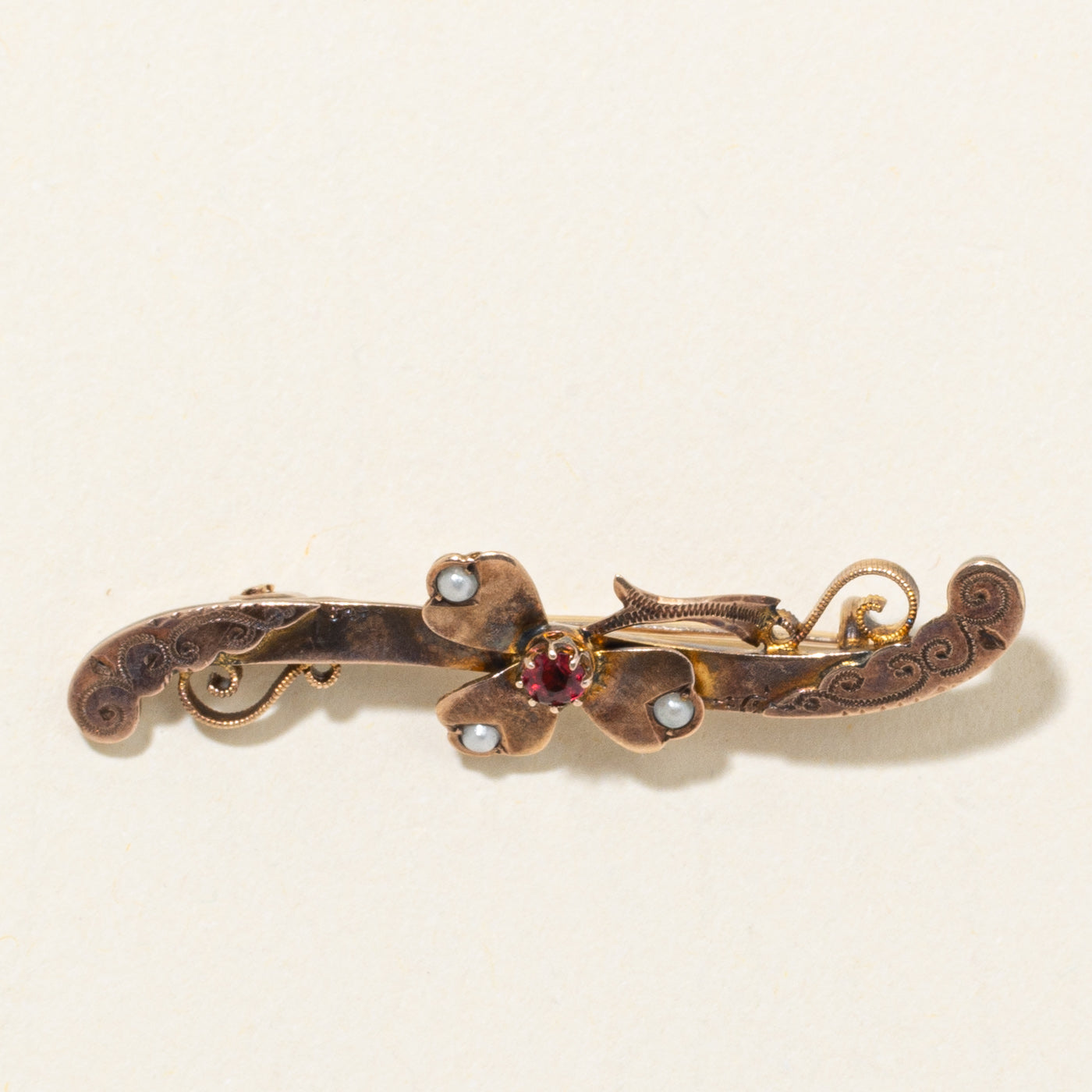 1899 Birmingham Victorian Paste Glass & Simulant Pearl Cloverleaf Brooch | 0.06ct