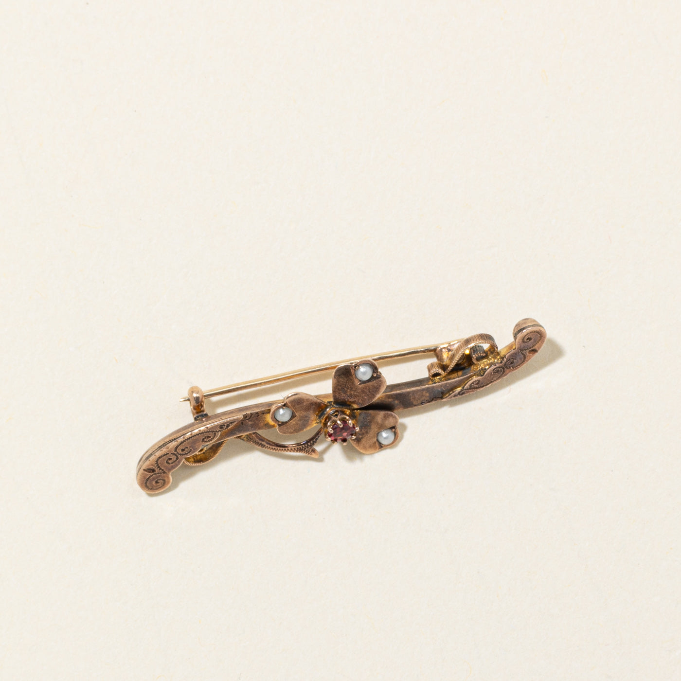 1899 Birmingham Victorian Paste Glass & Simulant Pearl Cloverleaf Brooch | 0.06ct