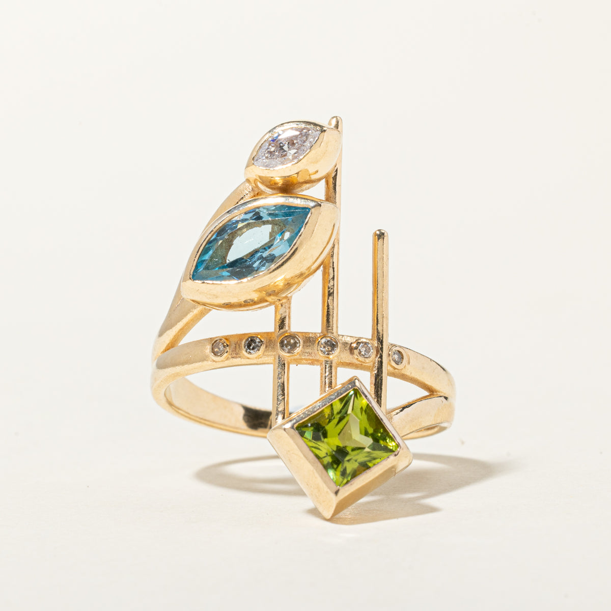 14k Bezel Set Blue Topaz, Peridot & Diamond Abstract Cocktail Ring | 2.74ctw, 0.30ctw | SZ 10.5