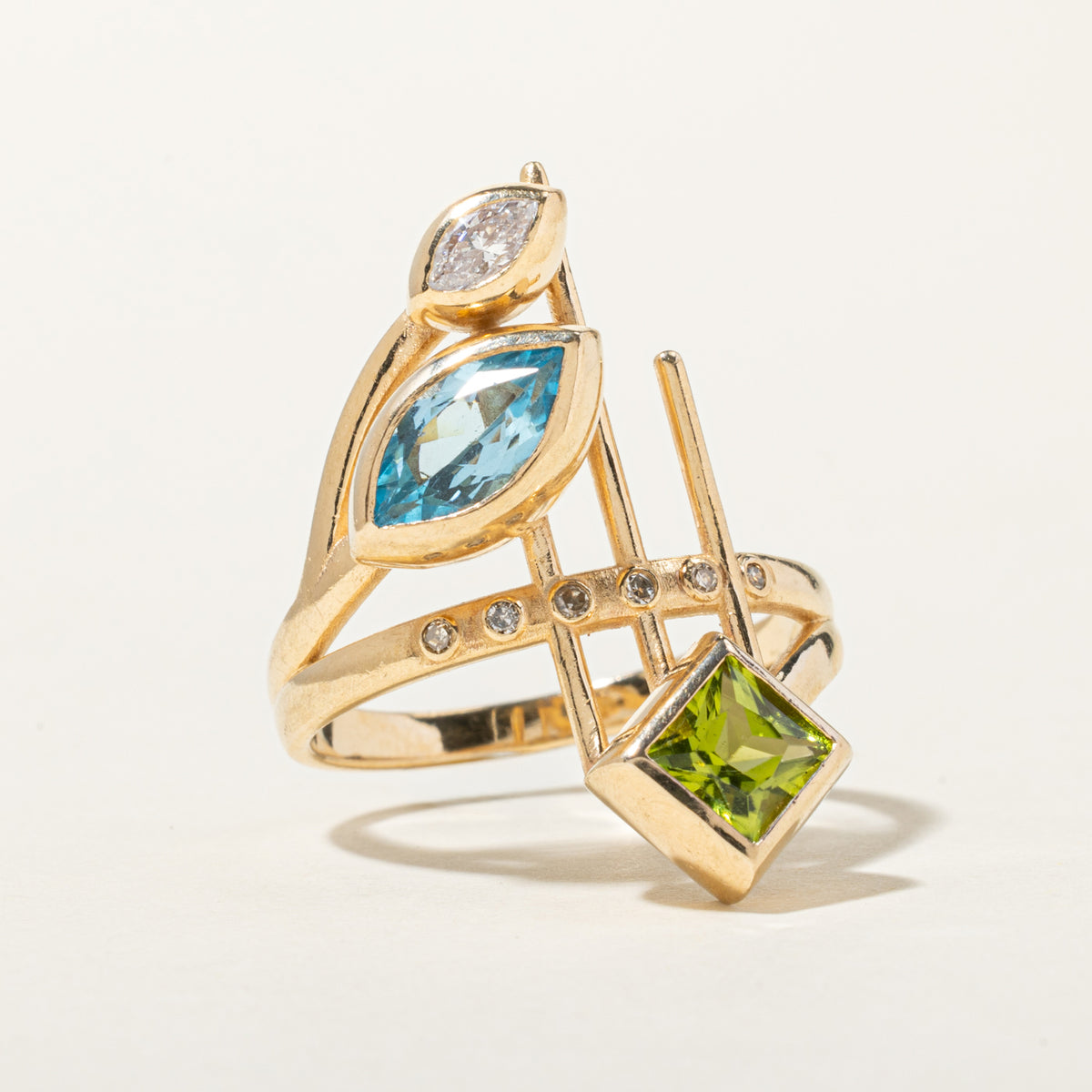 14k Bezel Set Blue Topaz, Peridot & Diamond Abstract Cocktail Ring | 2.74ctw, 0.30ctw | SZ 10.5