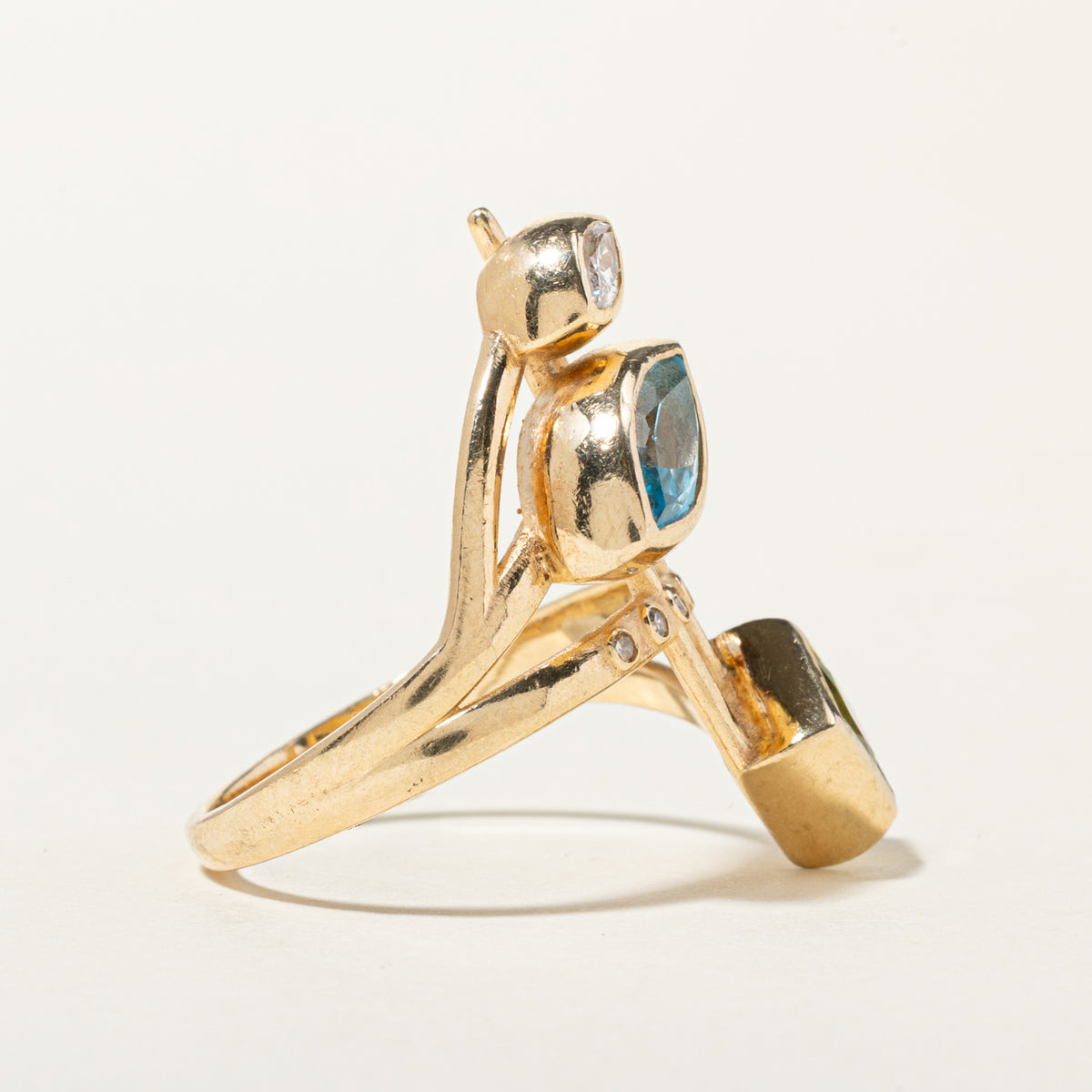14k Bezel Set Blue Topaz, Peridot & Diamond Abstract Cocktail Ring | 2.74ctw, 0.30ctw | SZ 10.5