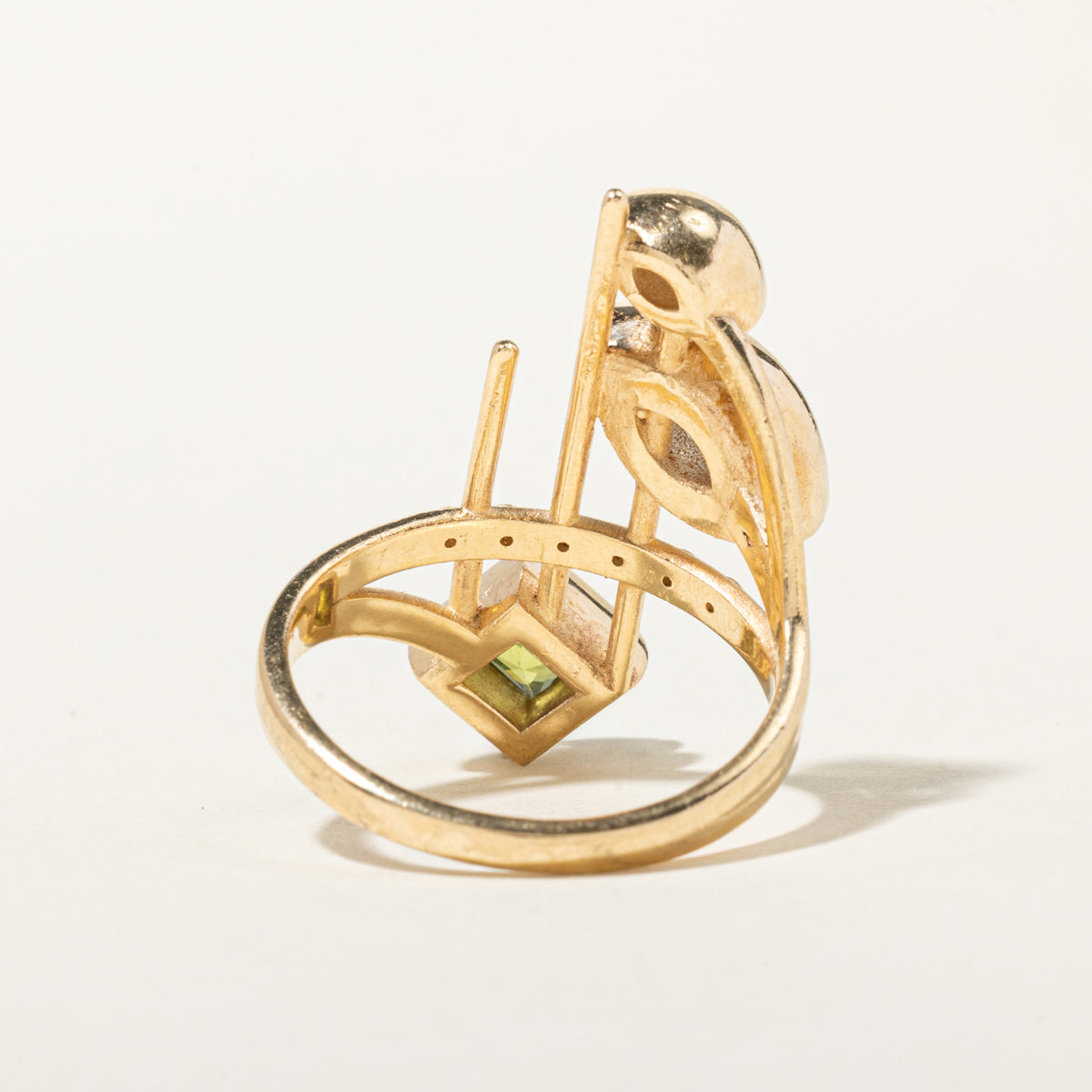 14k Bezel Set Blue Topaz, Peridot & Diamond Abstract Cocktail Ring | 2.74ctw, 0.30ctw | SZ 10.5