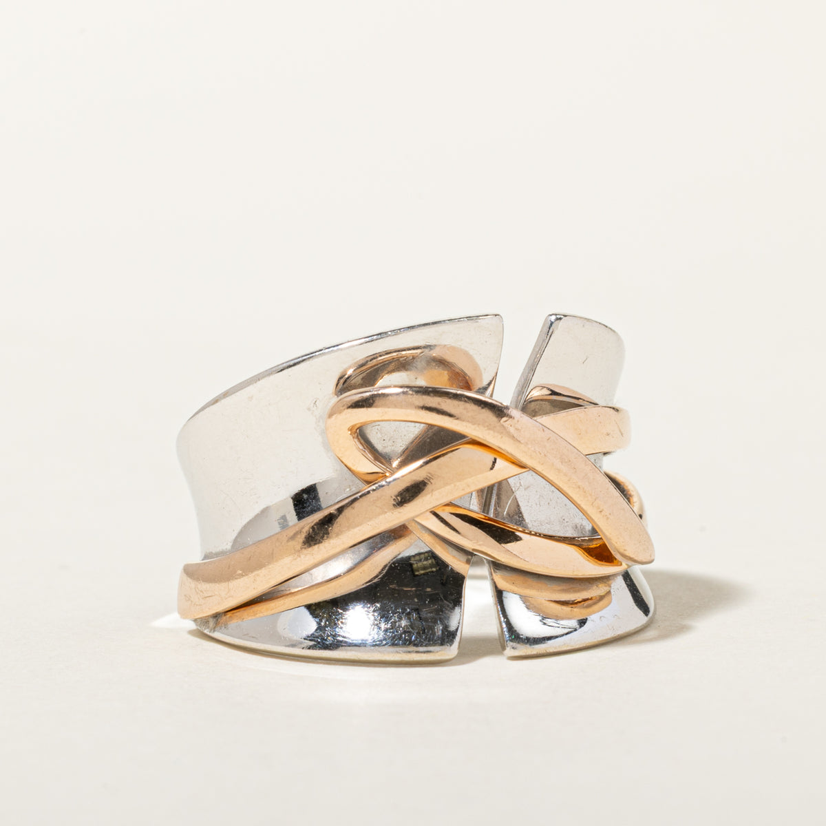 14k White & Rose Gold Woven & Grooved Twisted Ring | SZ 7.75