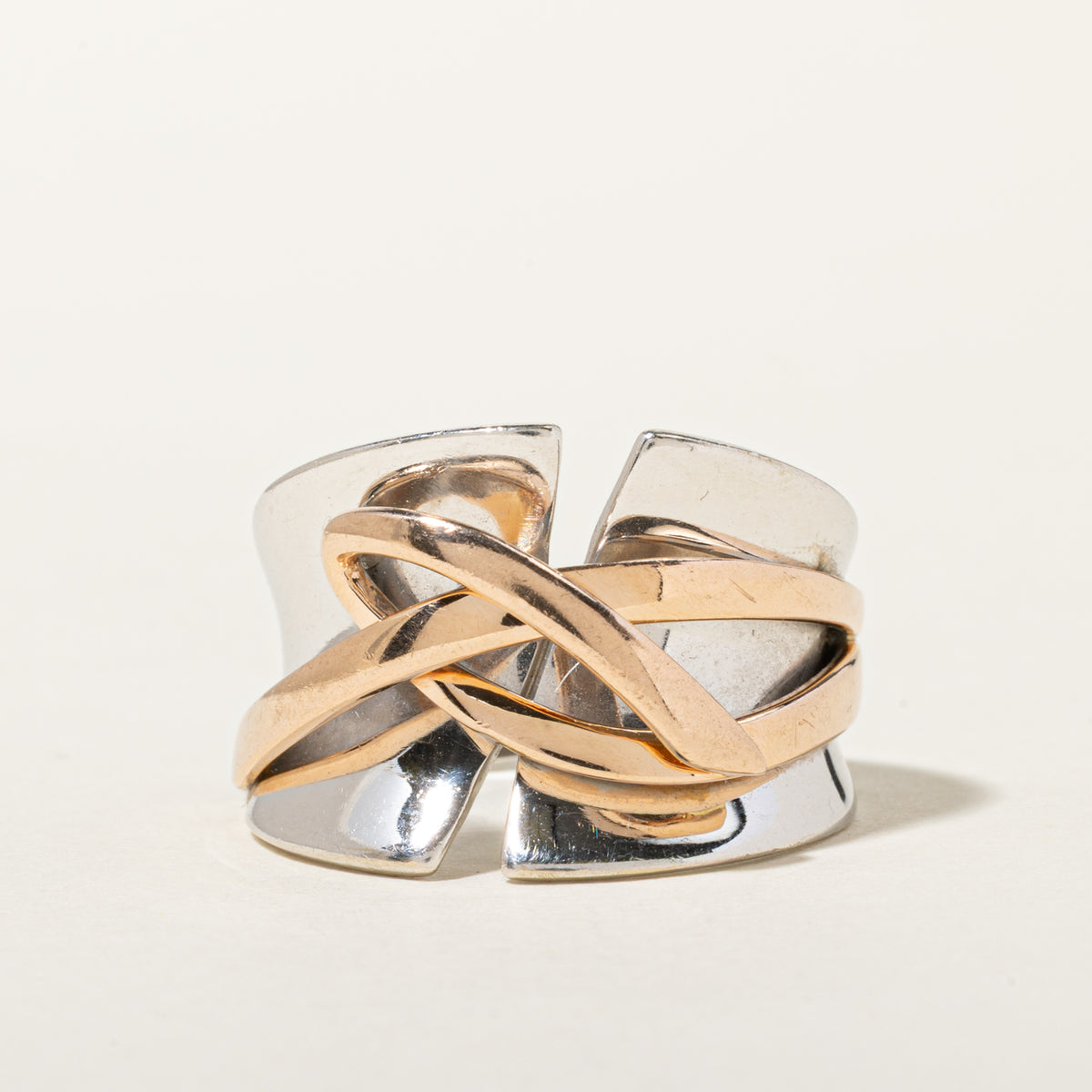 14k White & Rose Gold Woven & Grooved Twisted Ring | SZ 7.75