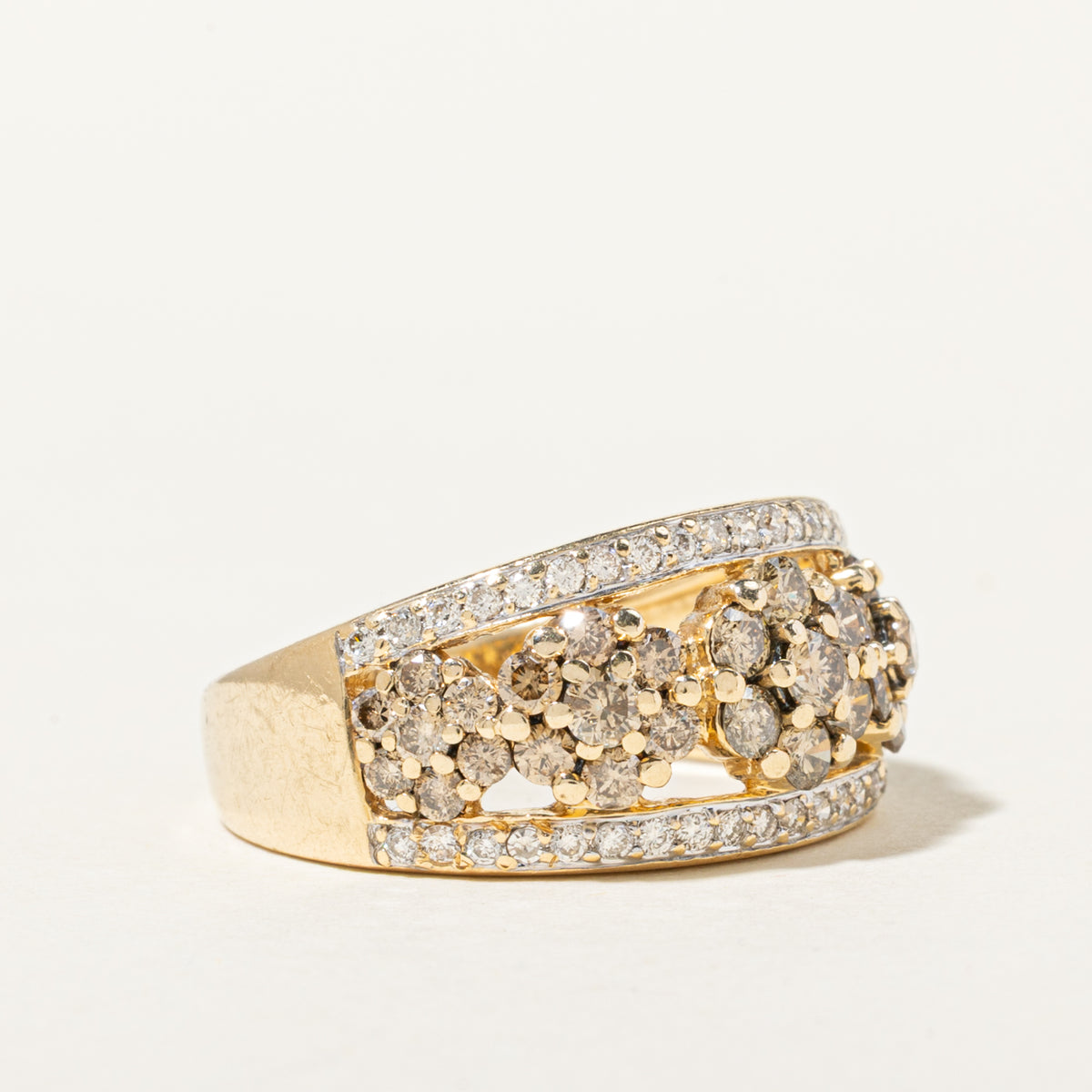 14k Brown & White Diamond Multi Floral Cluster Band | 1.34ctw | 10.00mm | SZ 7