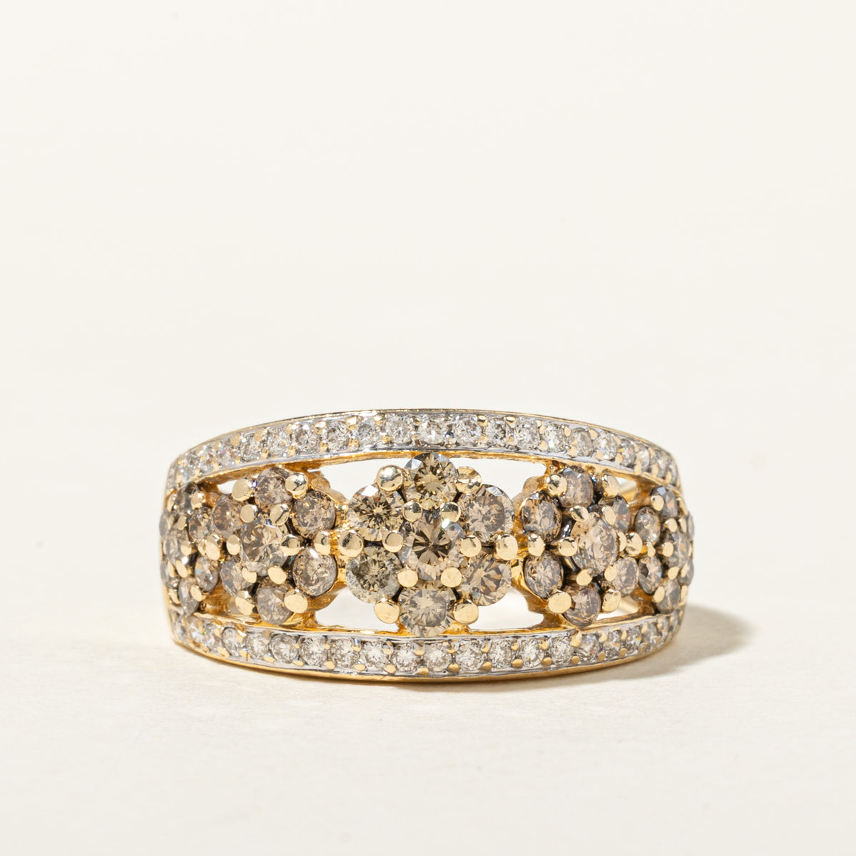 14k Brown & White Diamond Multi Floral Cluster Band | 1.34ctw | 10.00mm | SZ 7