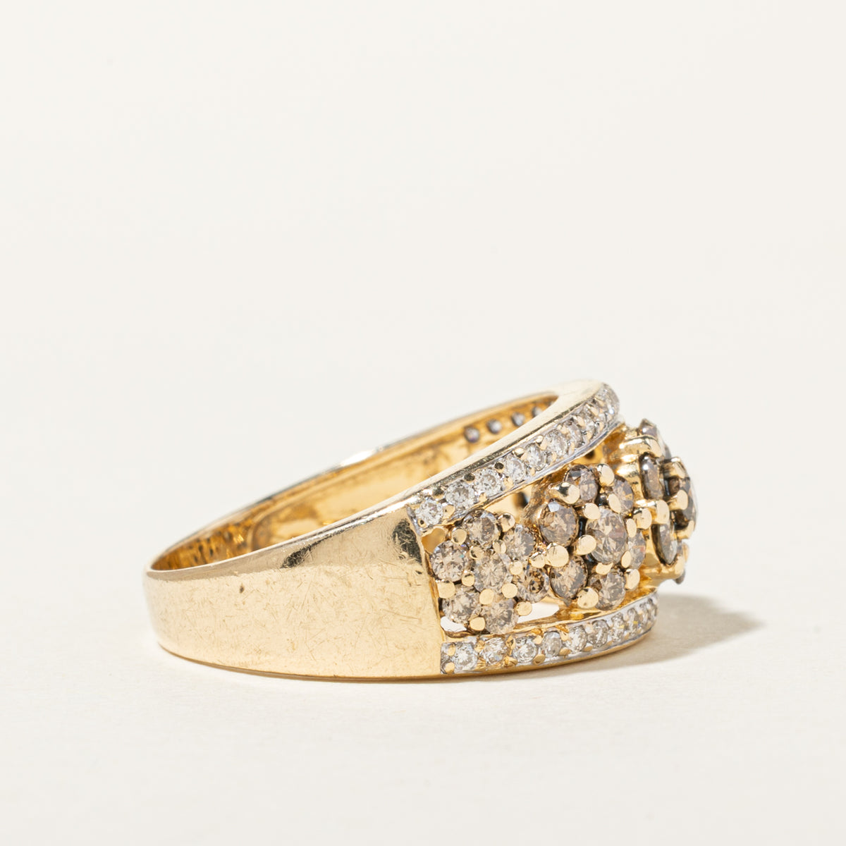 14k Brown & White Diamond Multi Floral Cluster Band | 1.34ctw | 10.00mm | SZ 7
