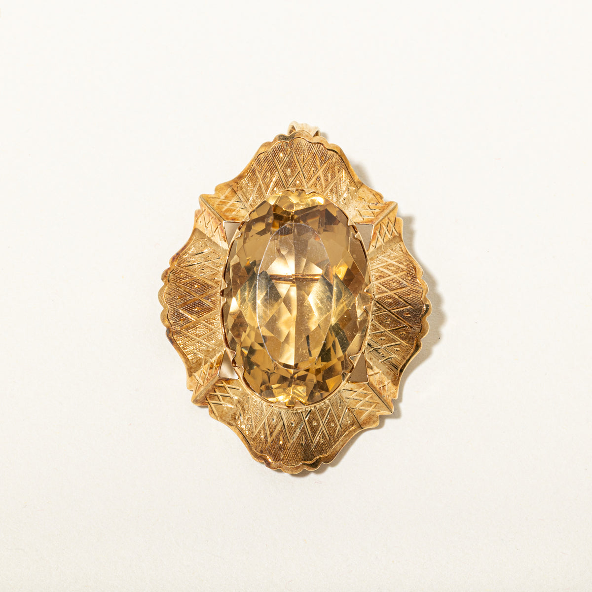 14k Solitaire Citrine & Pearl Engraved Ornate Brooch | 28.20ct