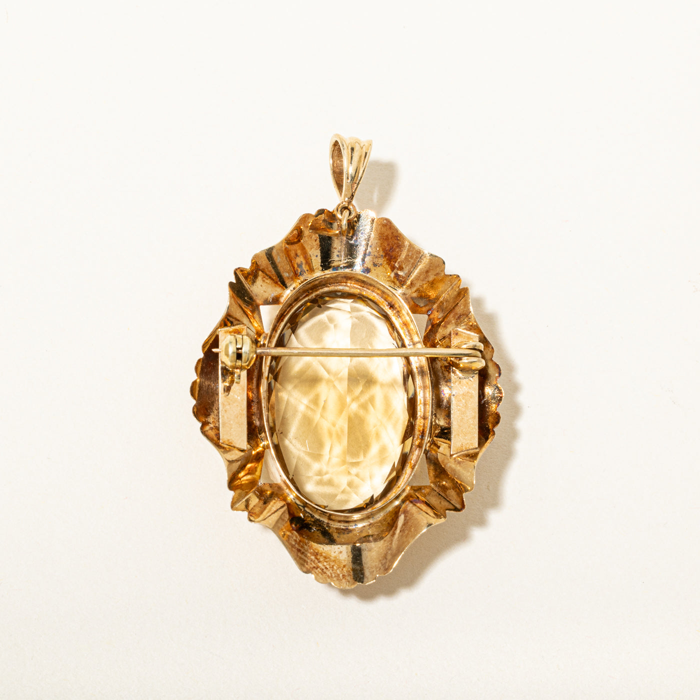 14k Solitaire Citrine & Pearl Engraved Ornate Brooch | 28.20ct