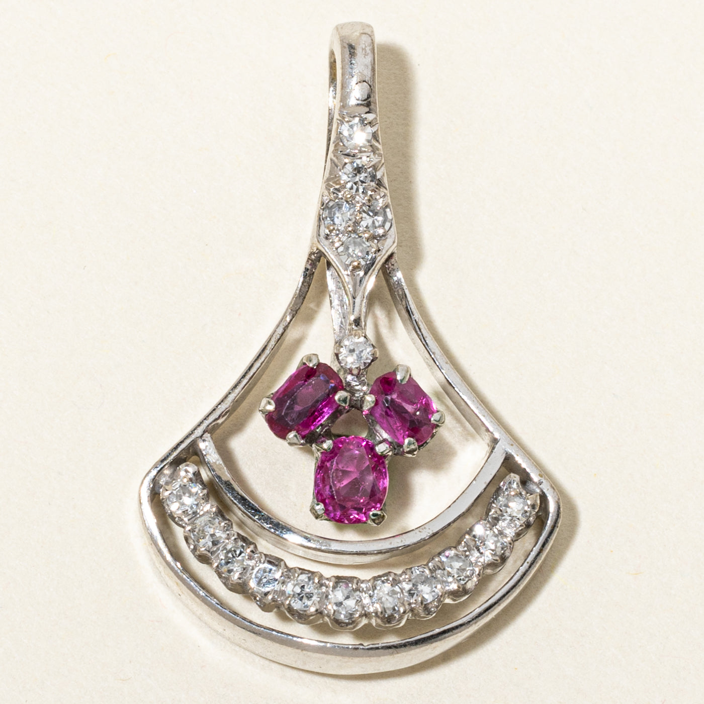 18k Three Stone Ruby & Diamond Openwork Geometric Pendant | 0.48ctw, 0.34ctw