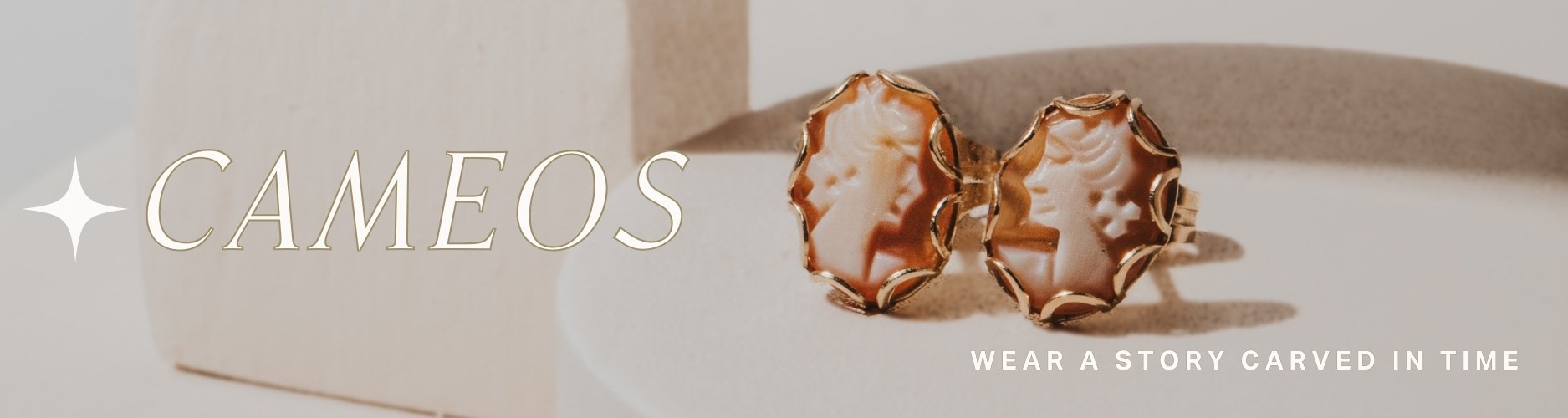 Cameo and gold carved portrait stud earrings on a cream background. Text overlay reads Cameos: wear a story carved in time