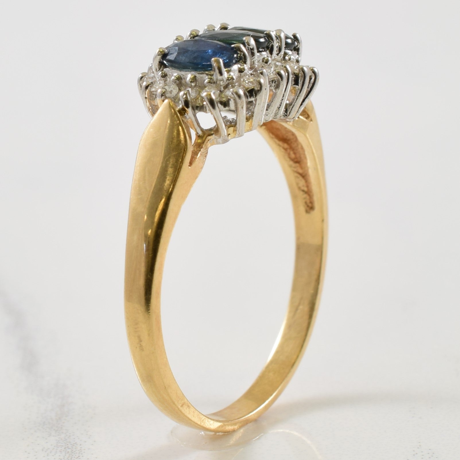 Three Stone Sapphire & Diamond Halo Ring | 0.75ctw, 0.10ctw | SZ 9.75 |
