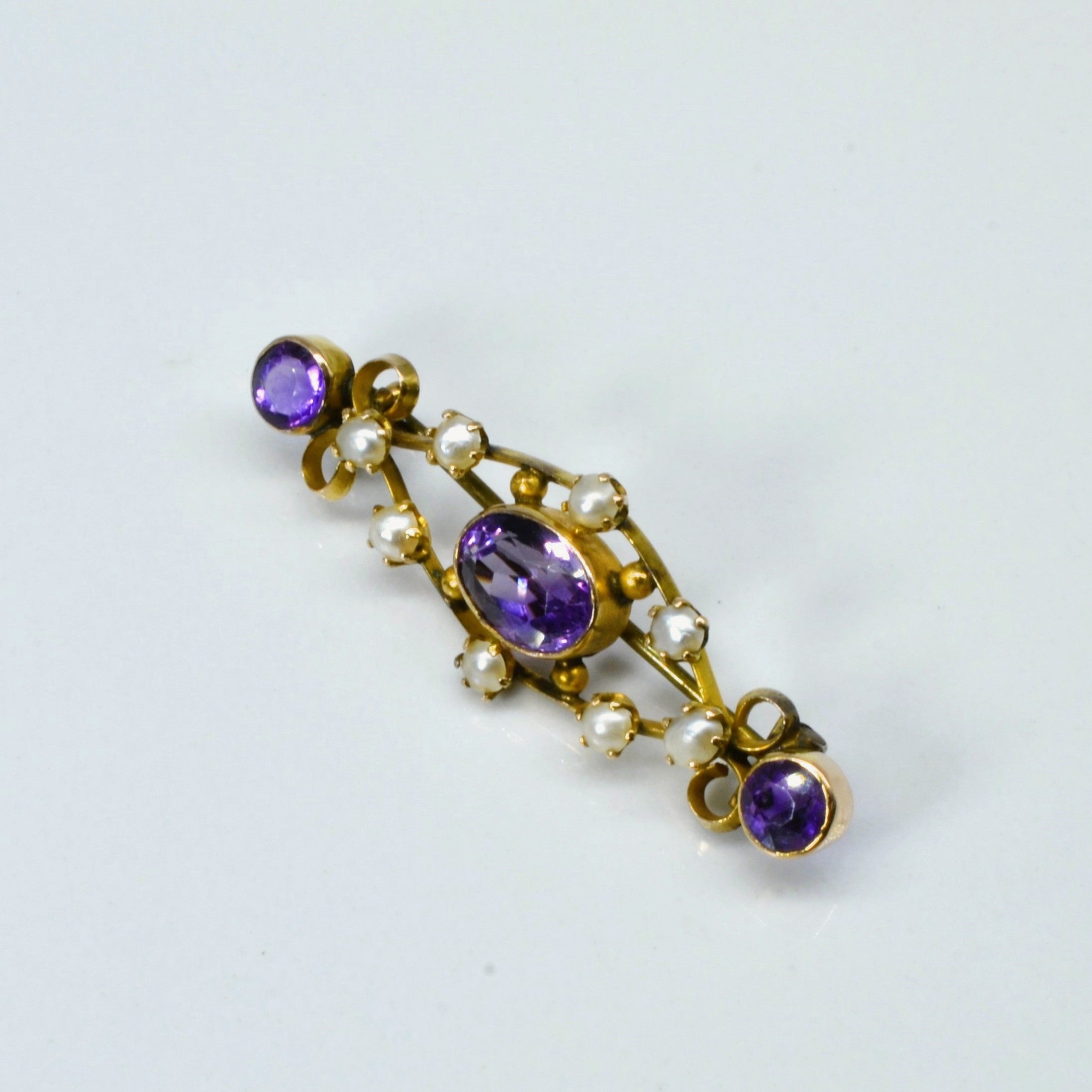Antique 9k Amethyst & Pearl Vintage Brooch