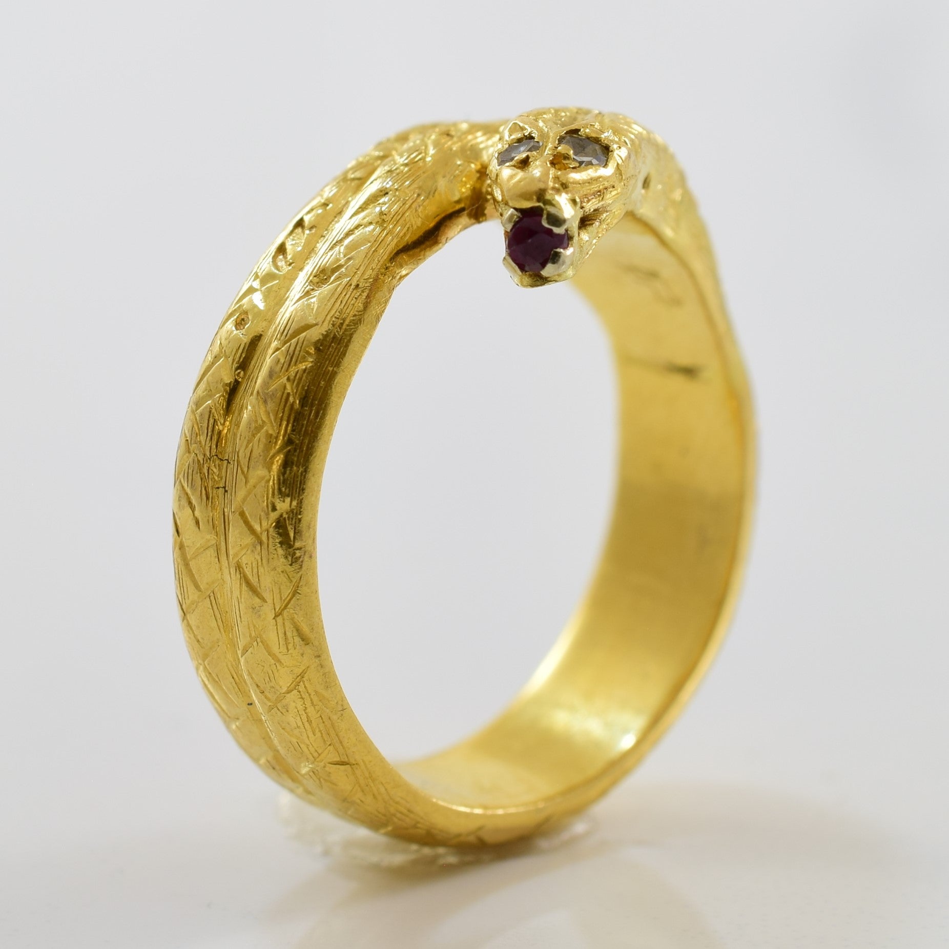 Victorian Era Diamond & Ruby Serpent Wrap Ring | 0.02ctw, 0.05ct | SZ 6 |