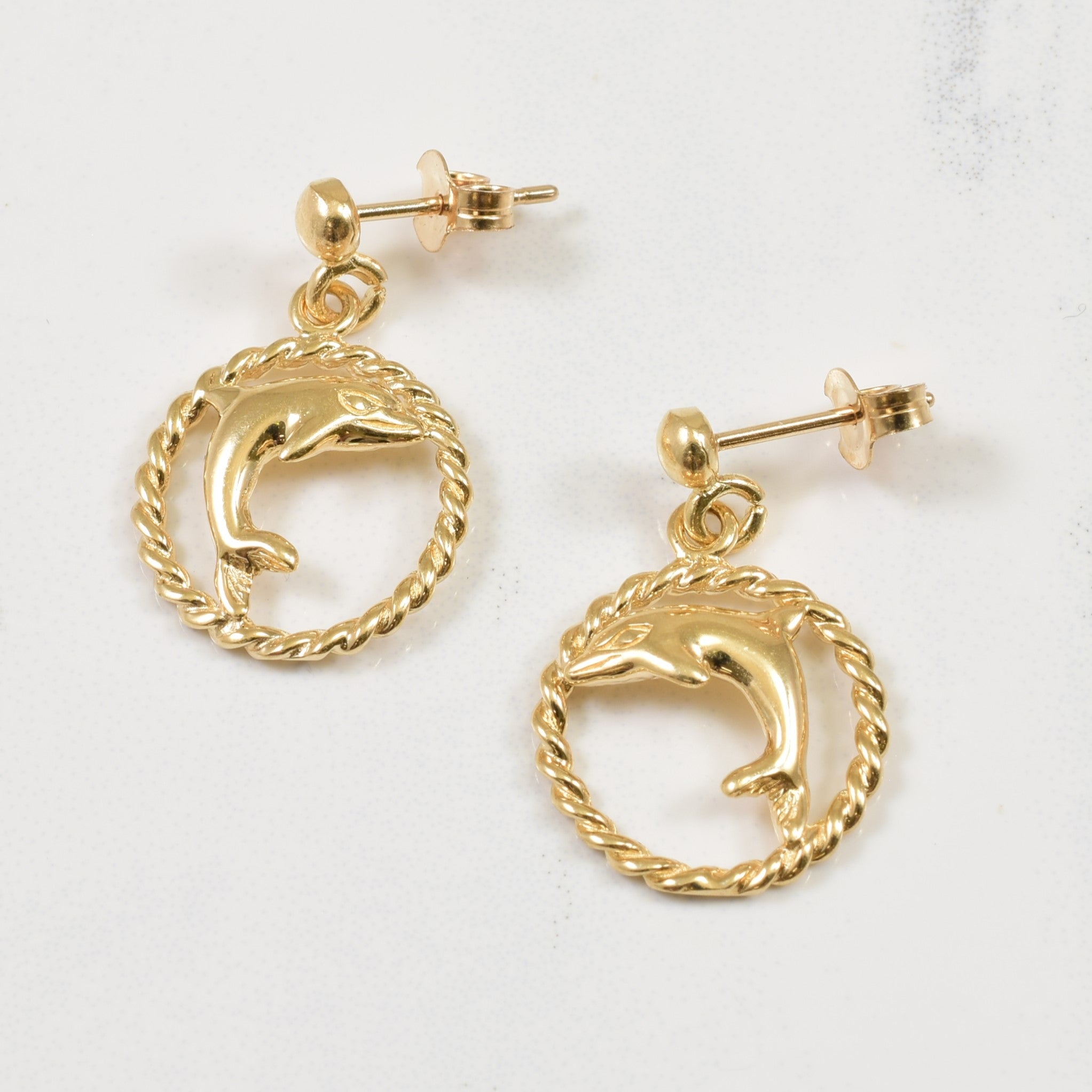 10k Yellow Gold Dolphin Drop Stud Earrings