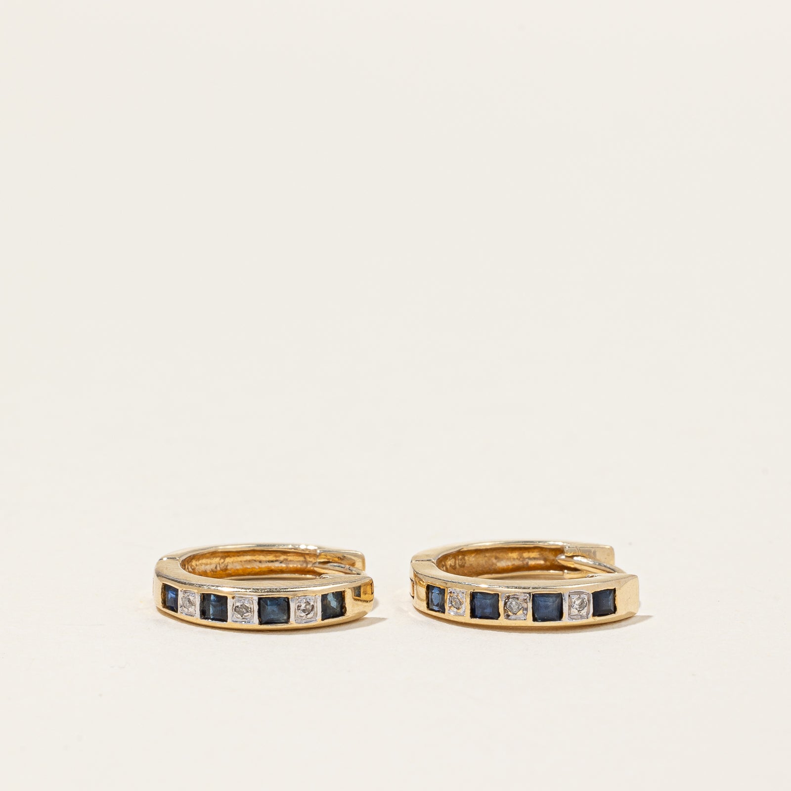 10K Yellow Gold Sapphire & Diamond Huggie Earrings | 0.192ctw, 0.03ctw