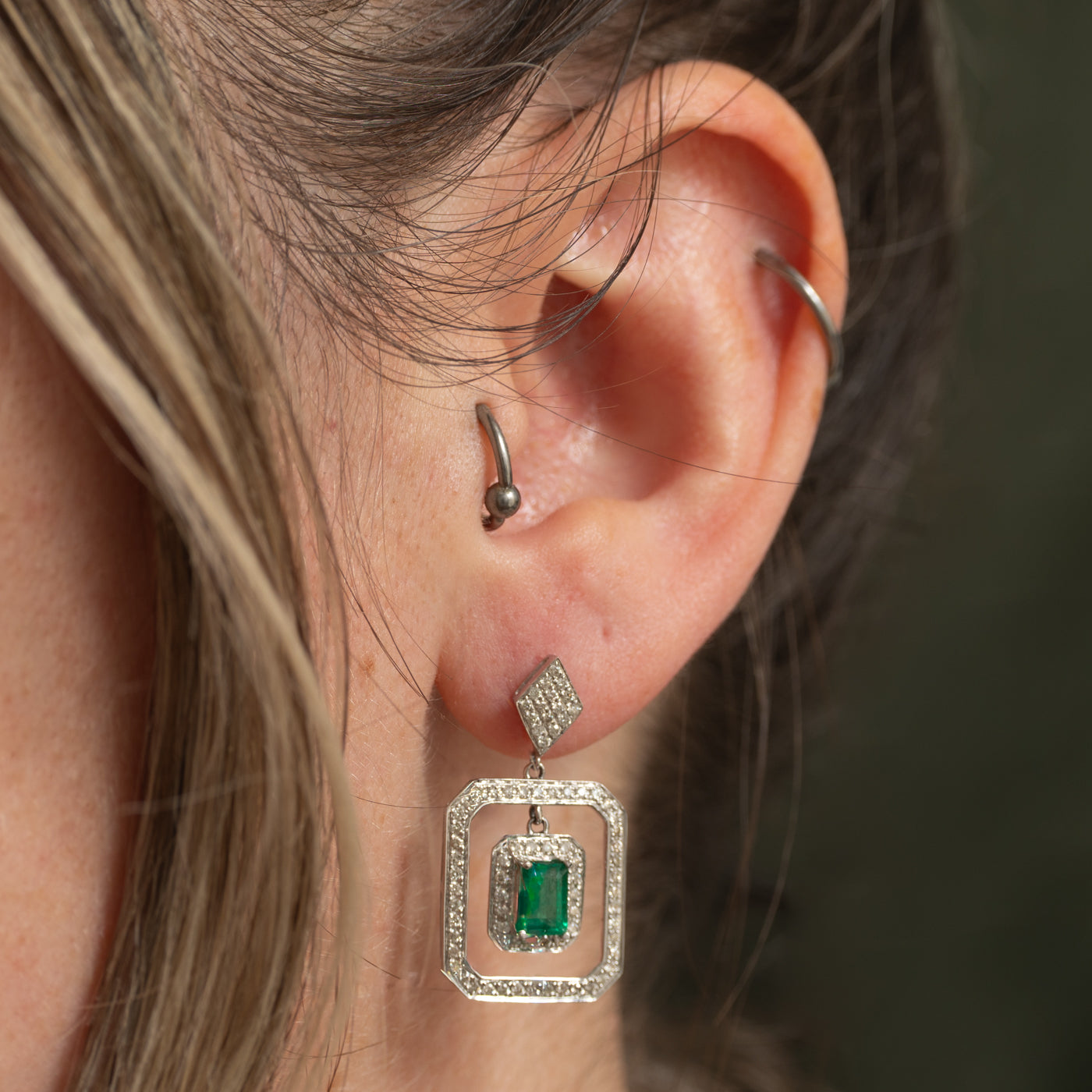 14K Emerald & Diamond Halo Drop Earrings | 1.00ctw, 0.78ctw