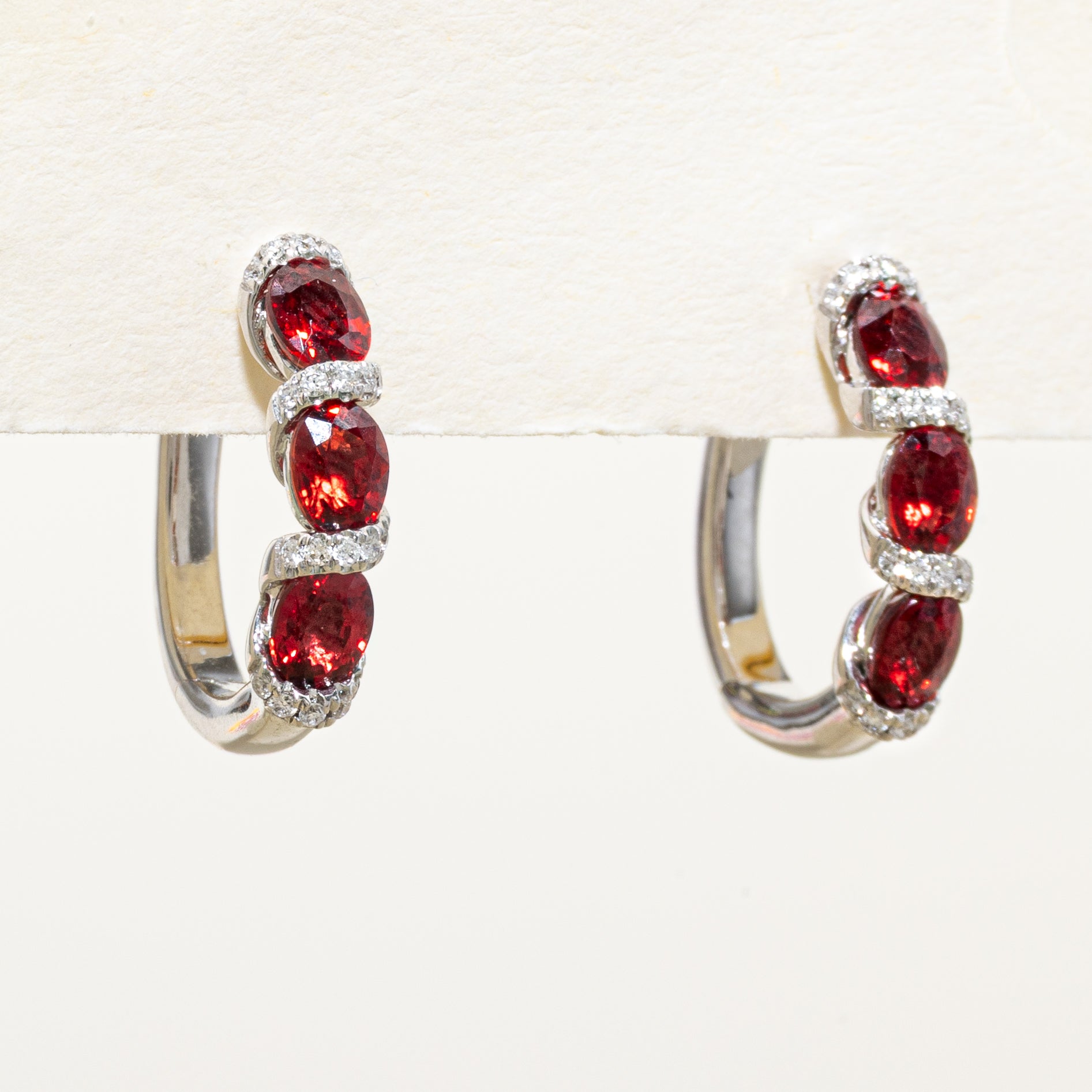 Natural Unheated Orangey Red Ruby & Diamond Hoop Earrings | 0.815ctw, 0.049ct