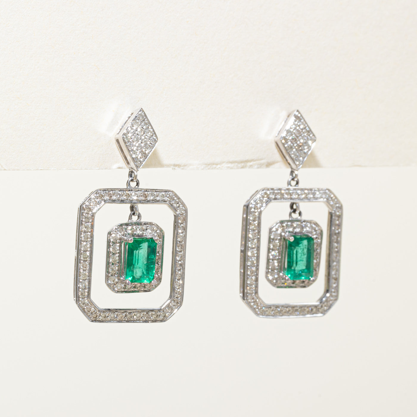 14K Emerald & Diamond Halo Drop Earrings | 1.00ctw, 0.78ctw