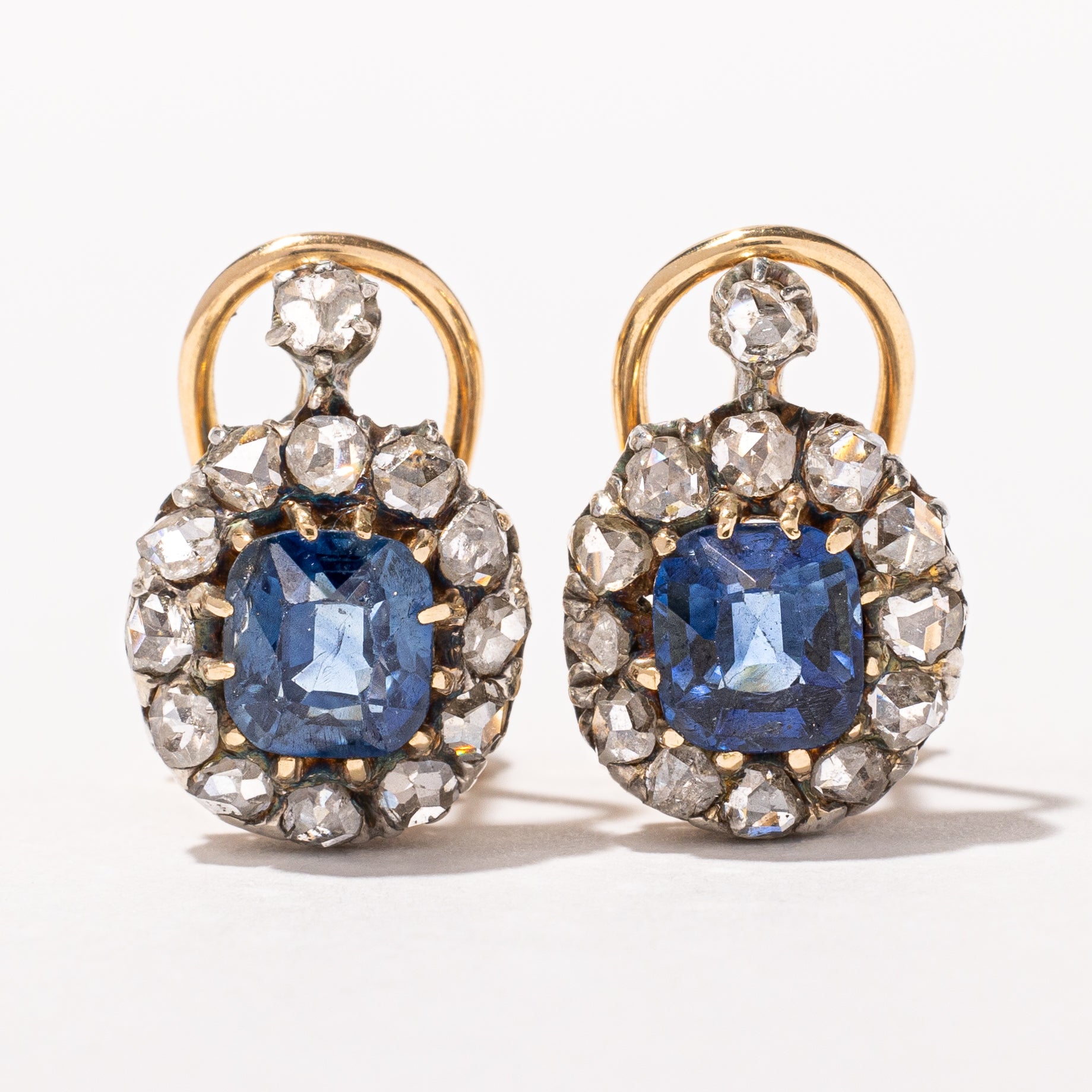 Victorian Sapphire & Rose Cut Diamond Halo Earrings | 1.60ctw, 0.65ctw |