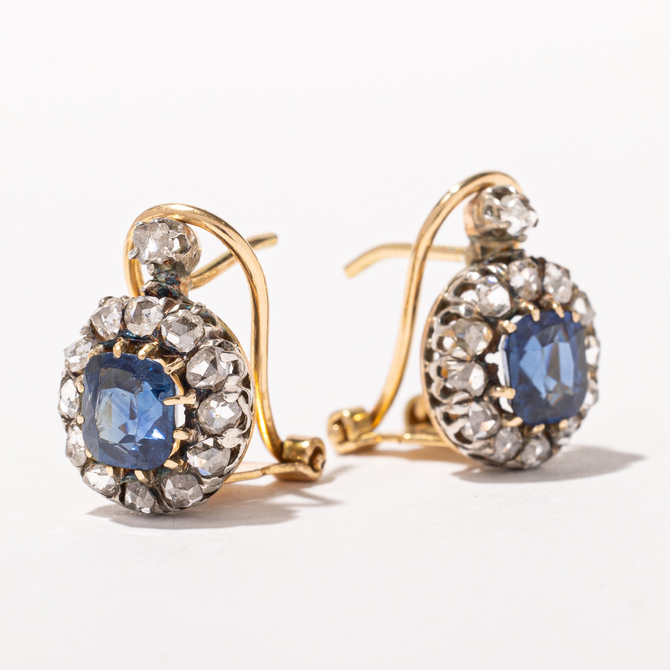 Victorian Sapphire & Rose Cut Diamond Halo Earrings | 1.60ctw, 0.65ctw |