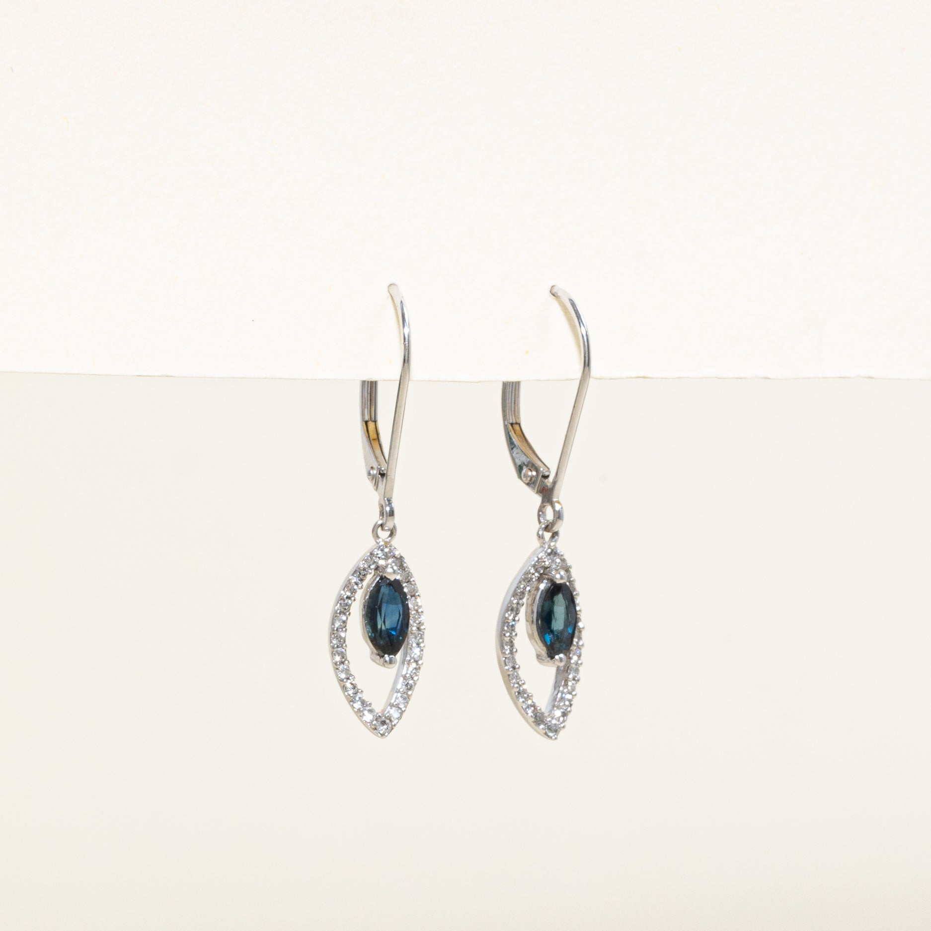 Marquise Cut Sapphire & Diamond Halo Drop Earrings