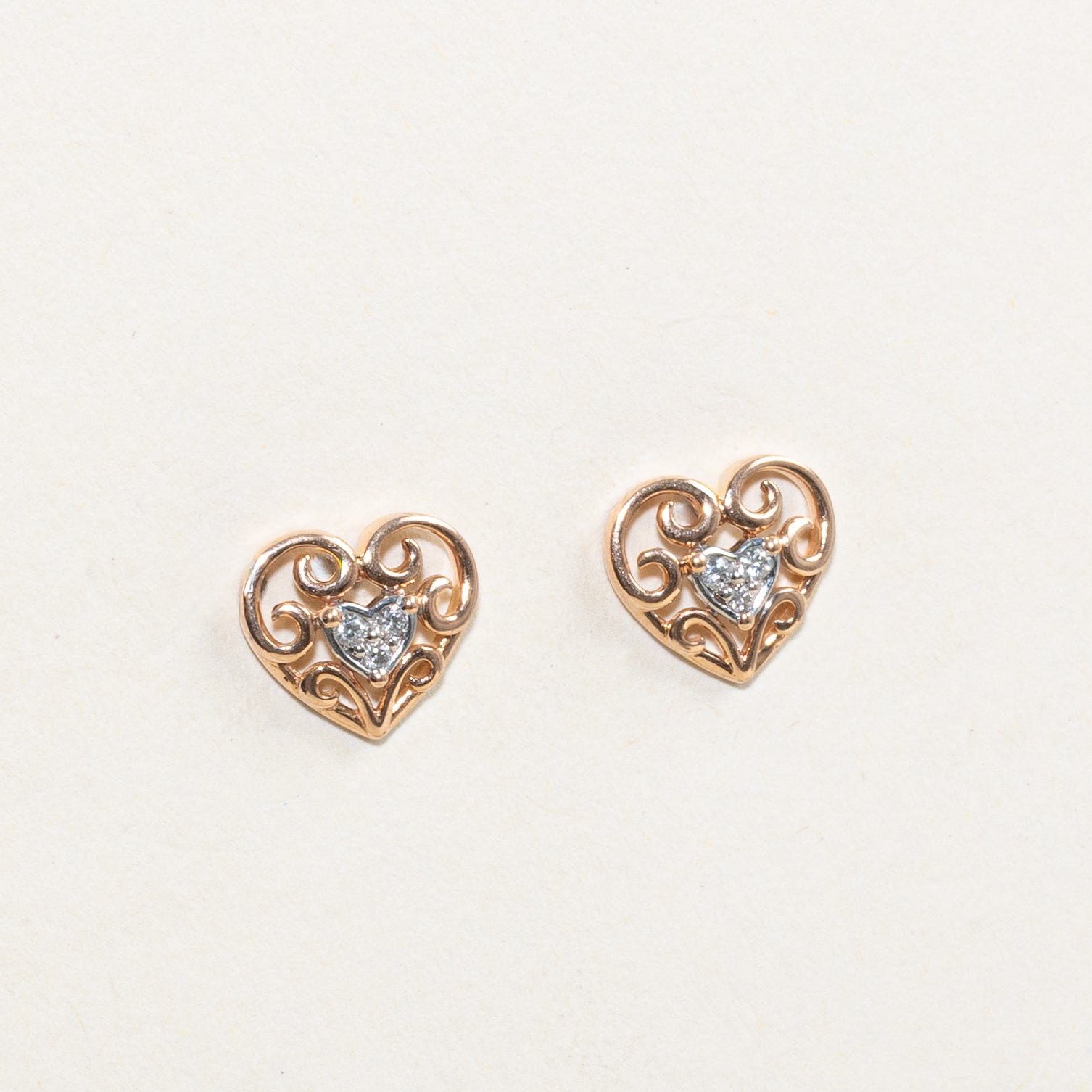 Diamond Heart Scrollwork Stud Earrings