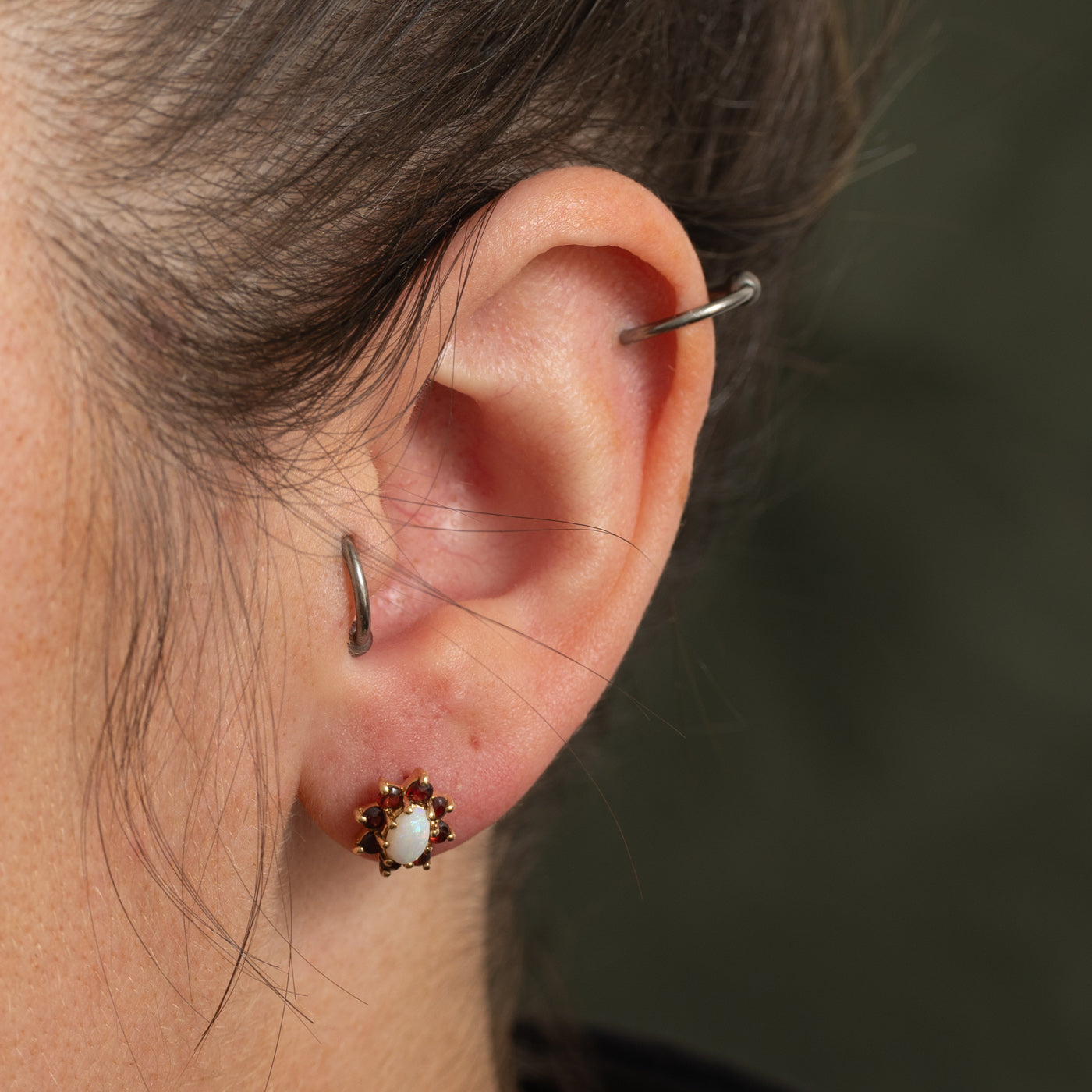 Opal & Garnet Petal Halo Stud Earrings