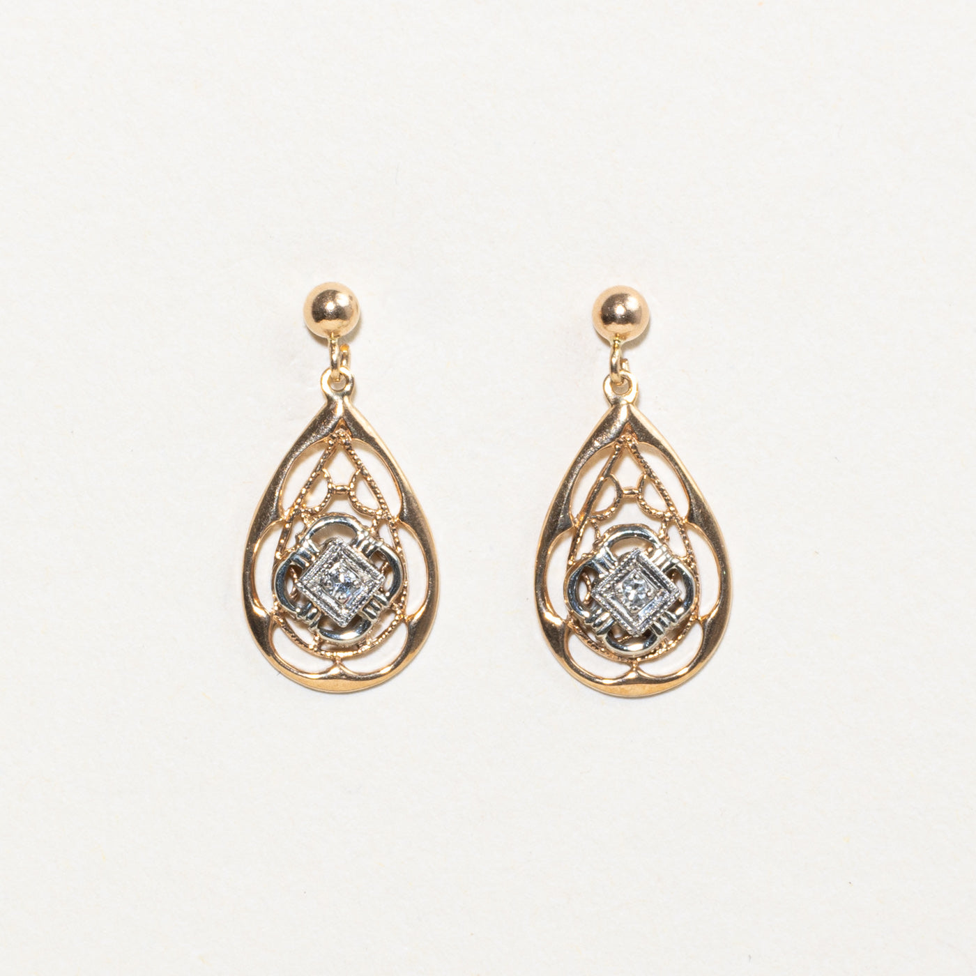 Two Tone Gold Diamond Ornate Drop Earrings
