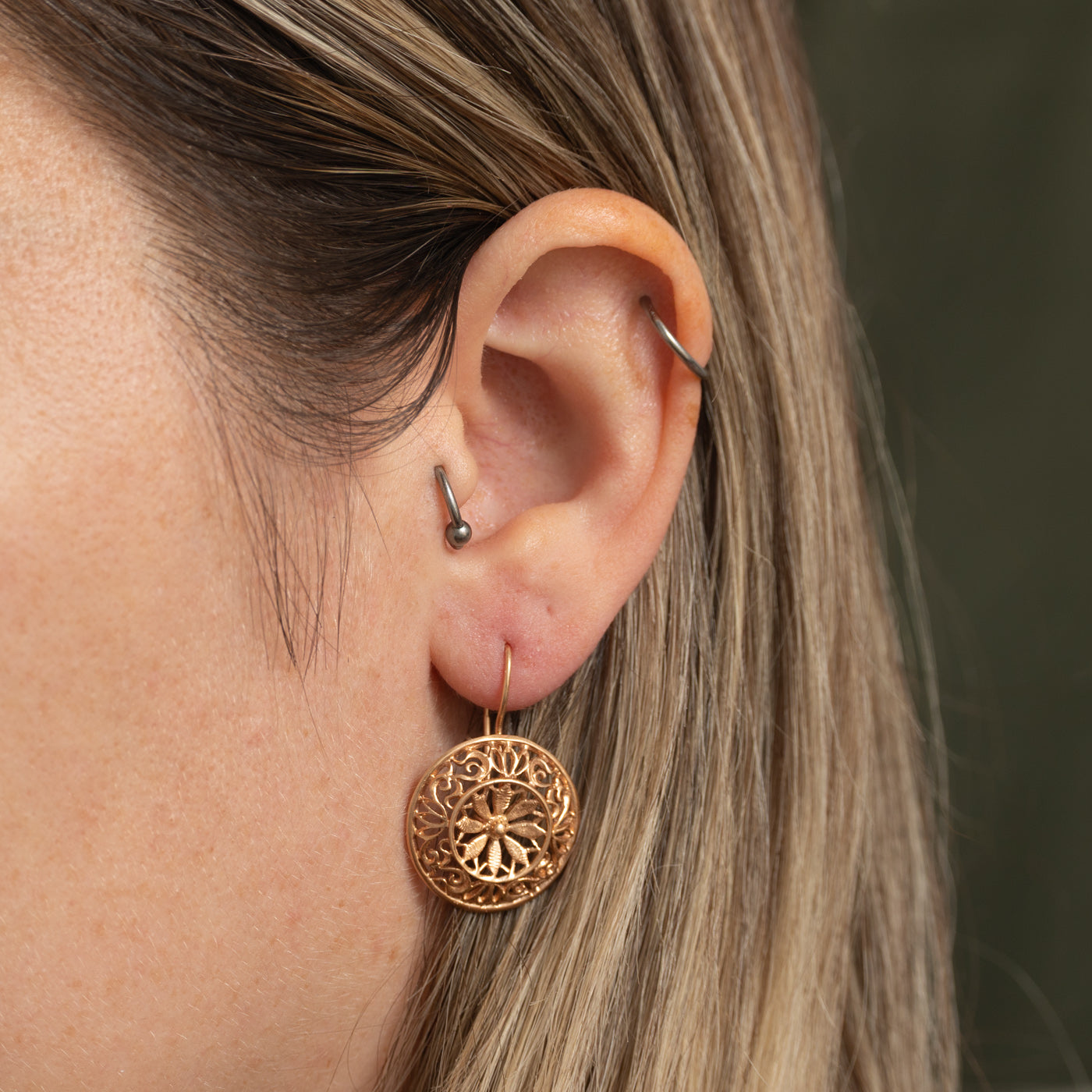 14k Yellow Gold Ornate Floral Disc Drop Earrings