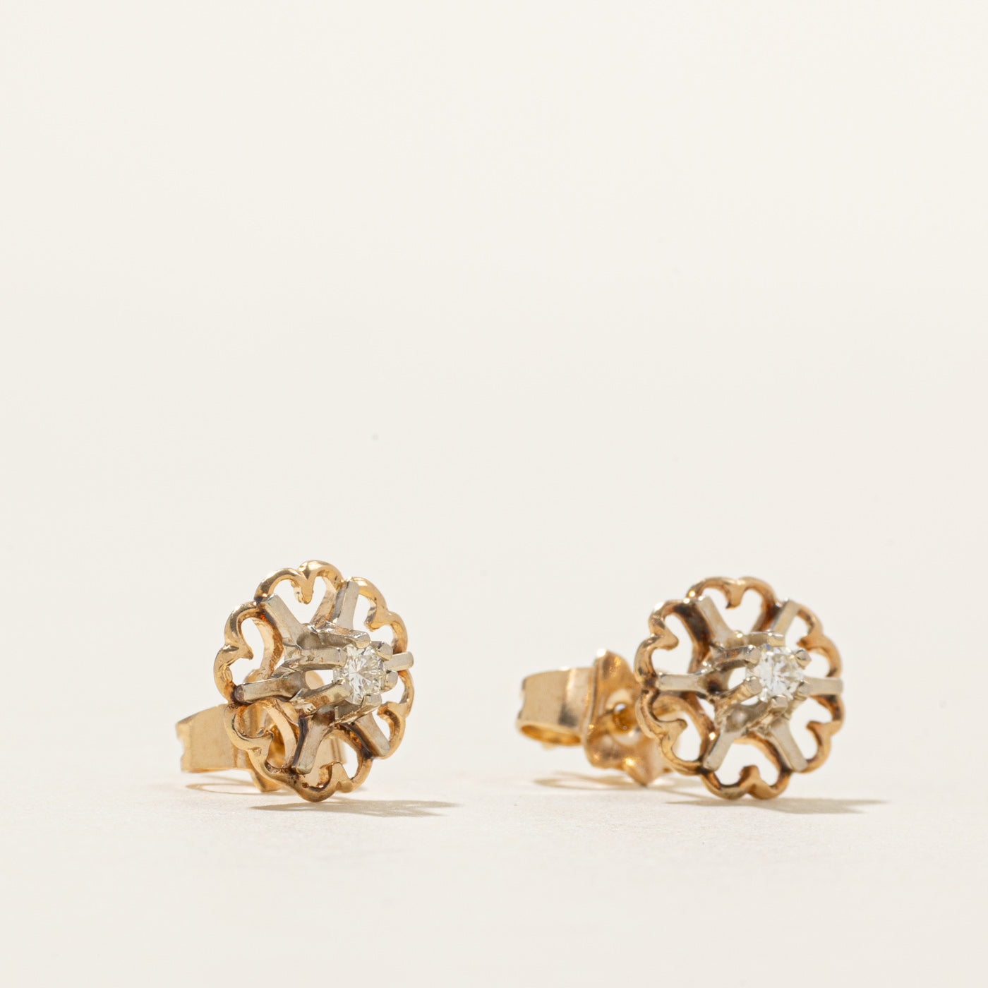 Diamond Heart Flower Stud Earrings