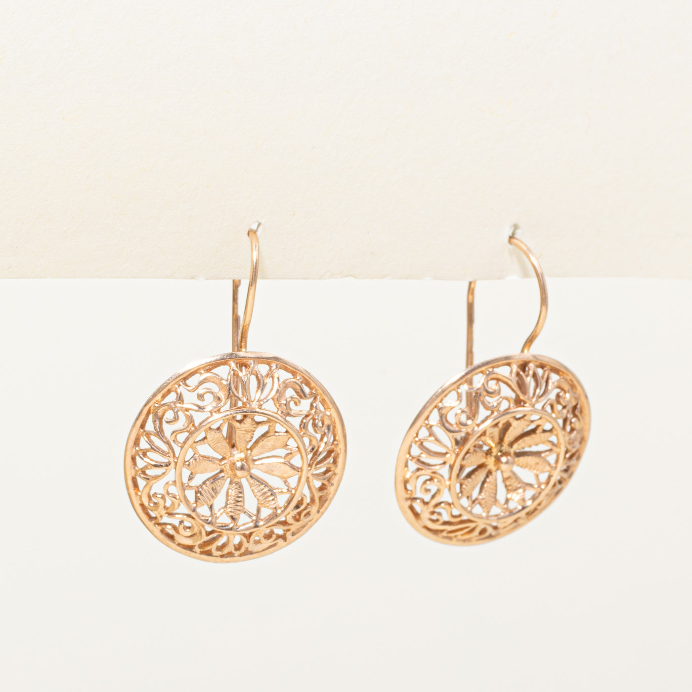 14k Yellow Gold Ornate Floral Disc Drop Earrings
