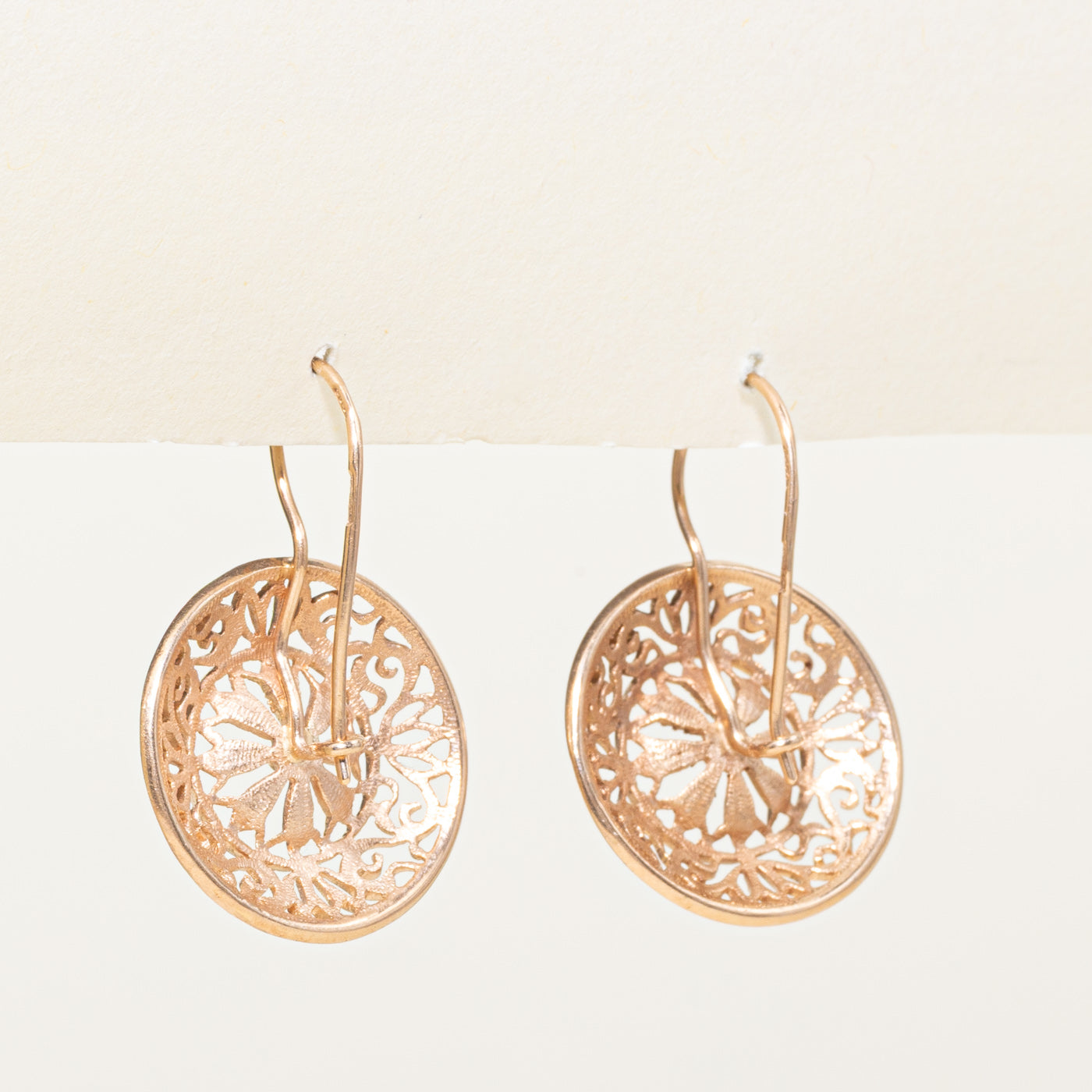 14k Yellow Gold Ornate Floral Disc Drop Earrings