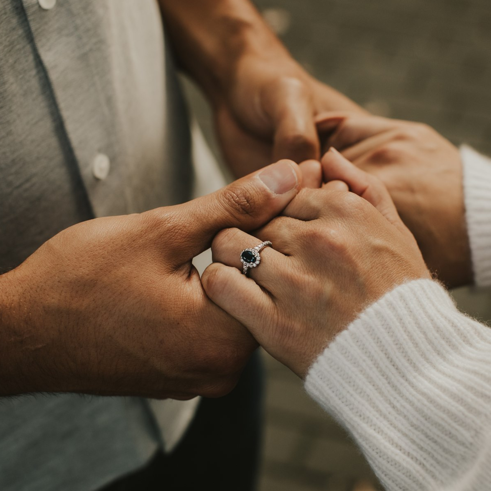Couple holding hands with a detail photo of vintage, antique sapphire ring with a diamond halo