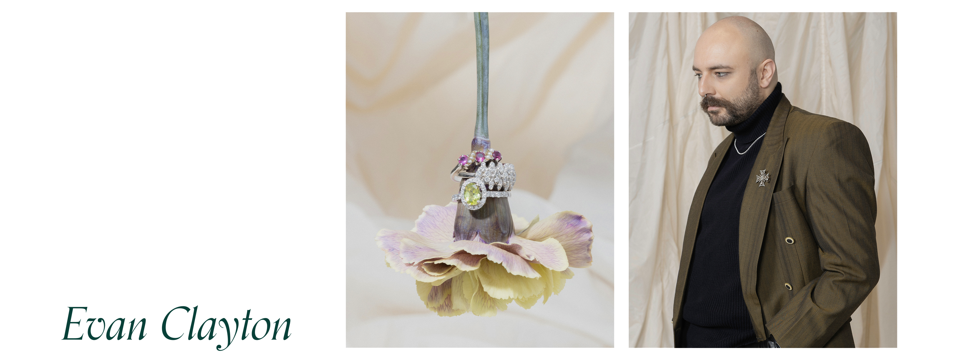 Designer Evan Clayton poses in a tailored olive-brown blazer with a black turtleneck, styled with a silver vintage brooch and chain necklace. Next to him, a close-up of a pastel flower displays a stack of sparkling preloved rings with colorful gemstones and intricate settings. The image highlights the artistry and timeless appeal of this curated vintage jewelry collection.