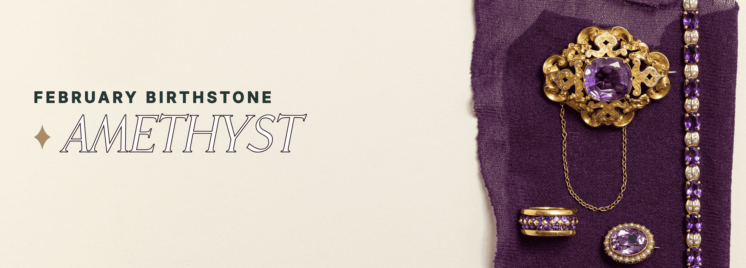 Ornate antique gold brooch with a large oval amethyst gemstone styled on textured purple fabric, part of a February birthstone jewellery collection. Text reads: February birthstone amethyst