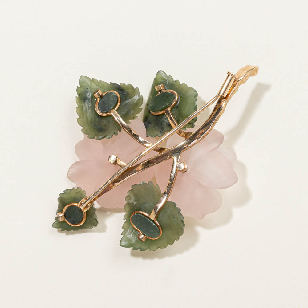Vintage Austrian Rose Quartz Nephrite and Diamond Floral Brooch