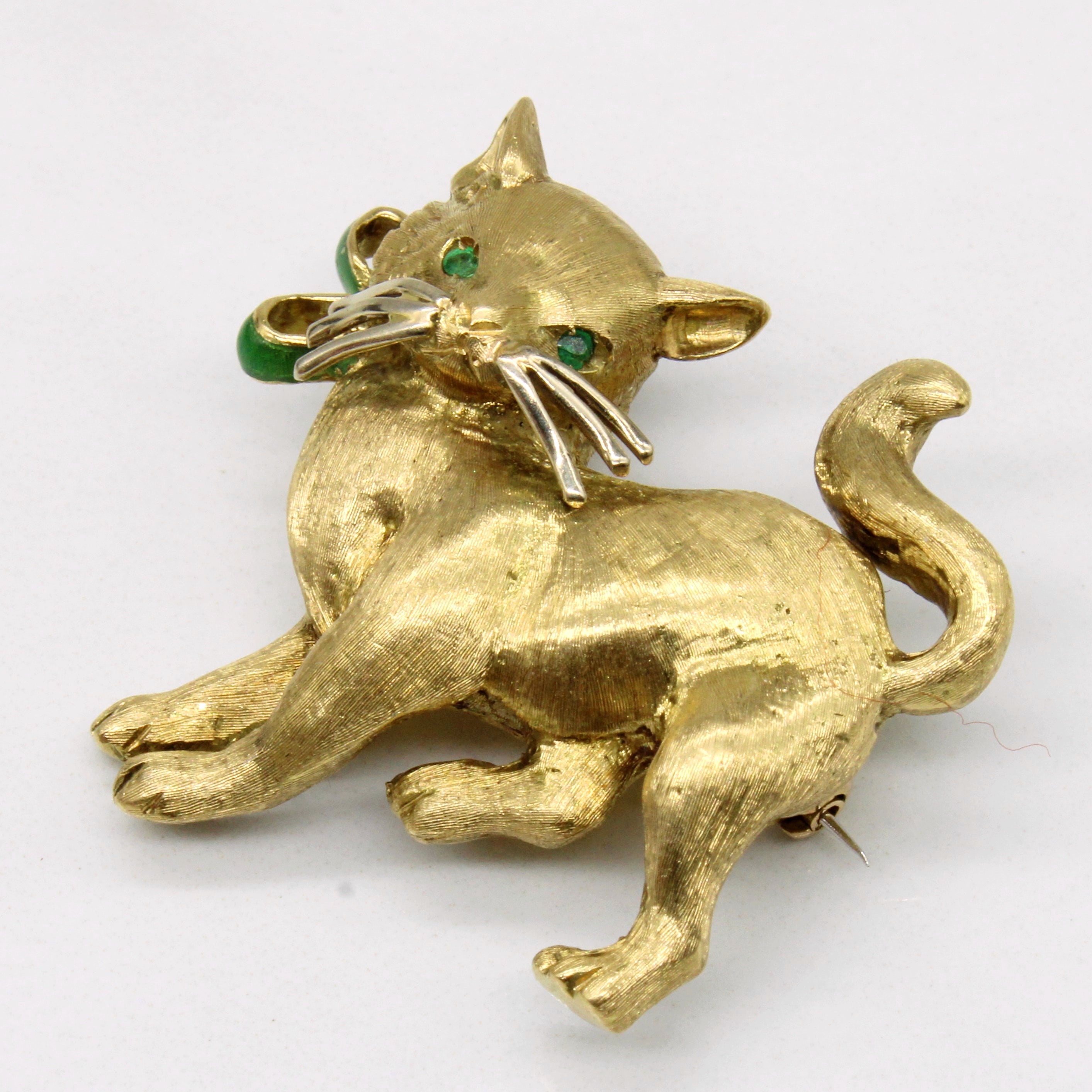 Emerald & Enamel Cat Brooch | 0.02ctw |